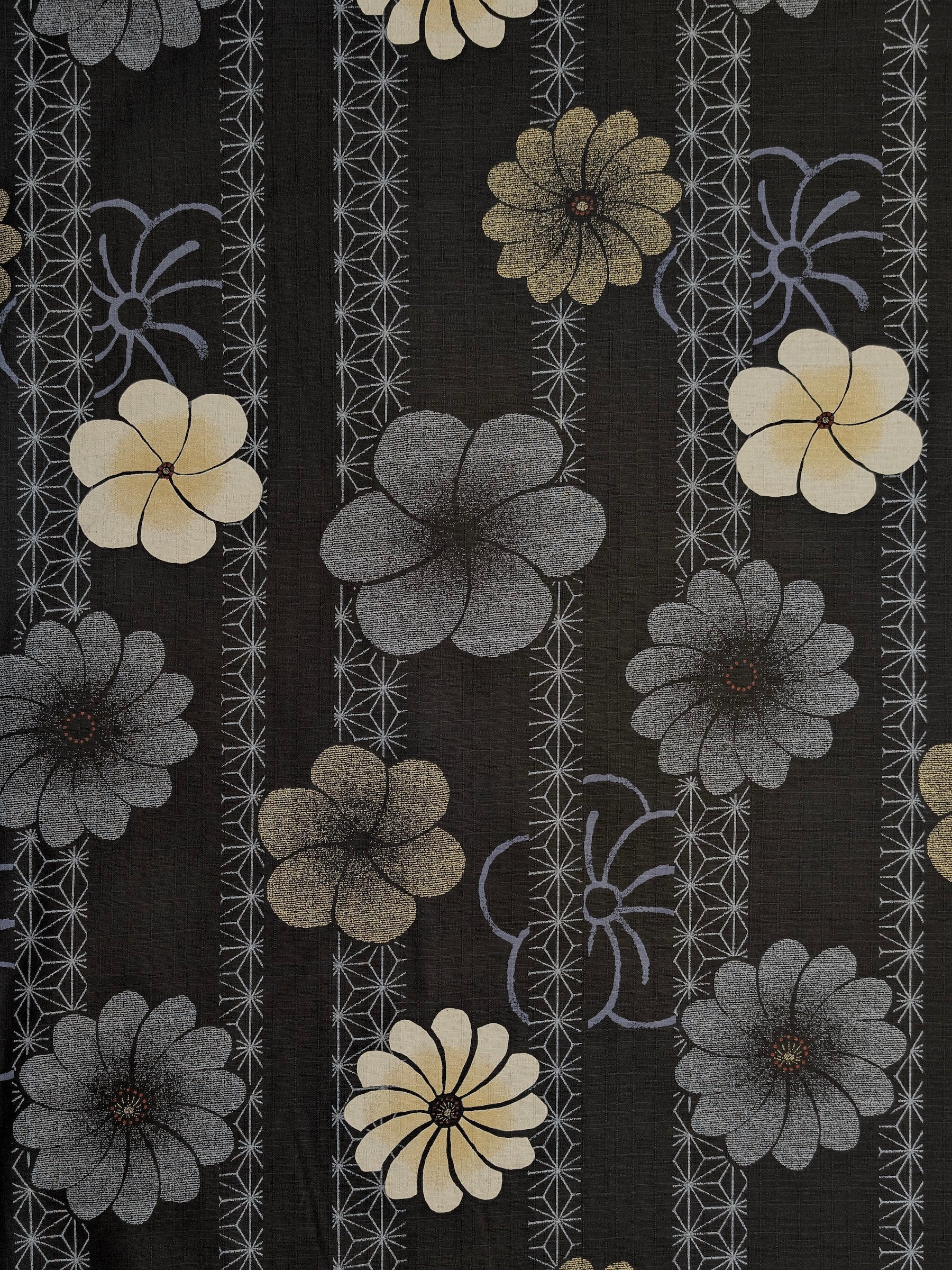 Kobayashi - Asanoha Stripe and Blossoms Cotton Dobby Fabric - Black