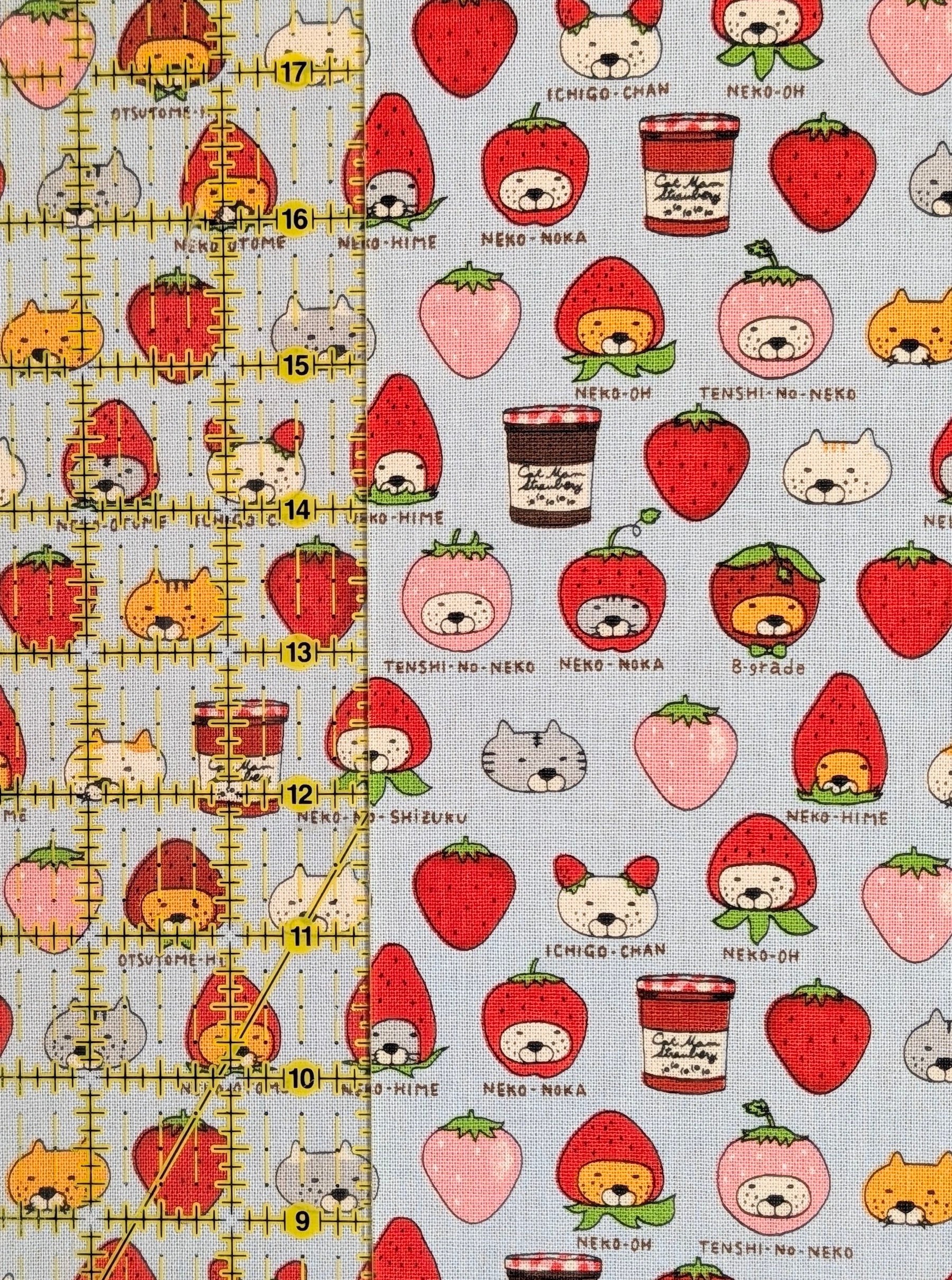 Kobayashi - Neko Strawberry Jam Cotton Linen Oxford Canvas Fabric - Blue