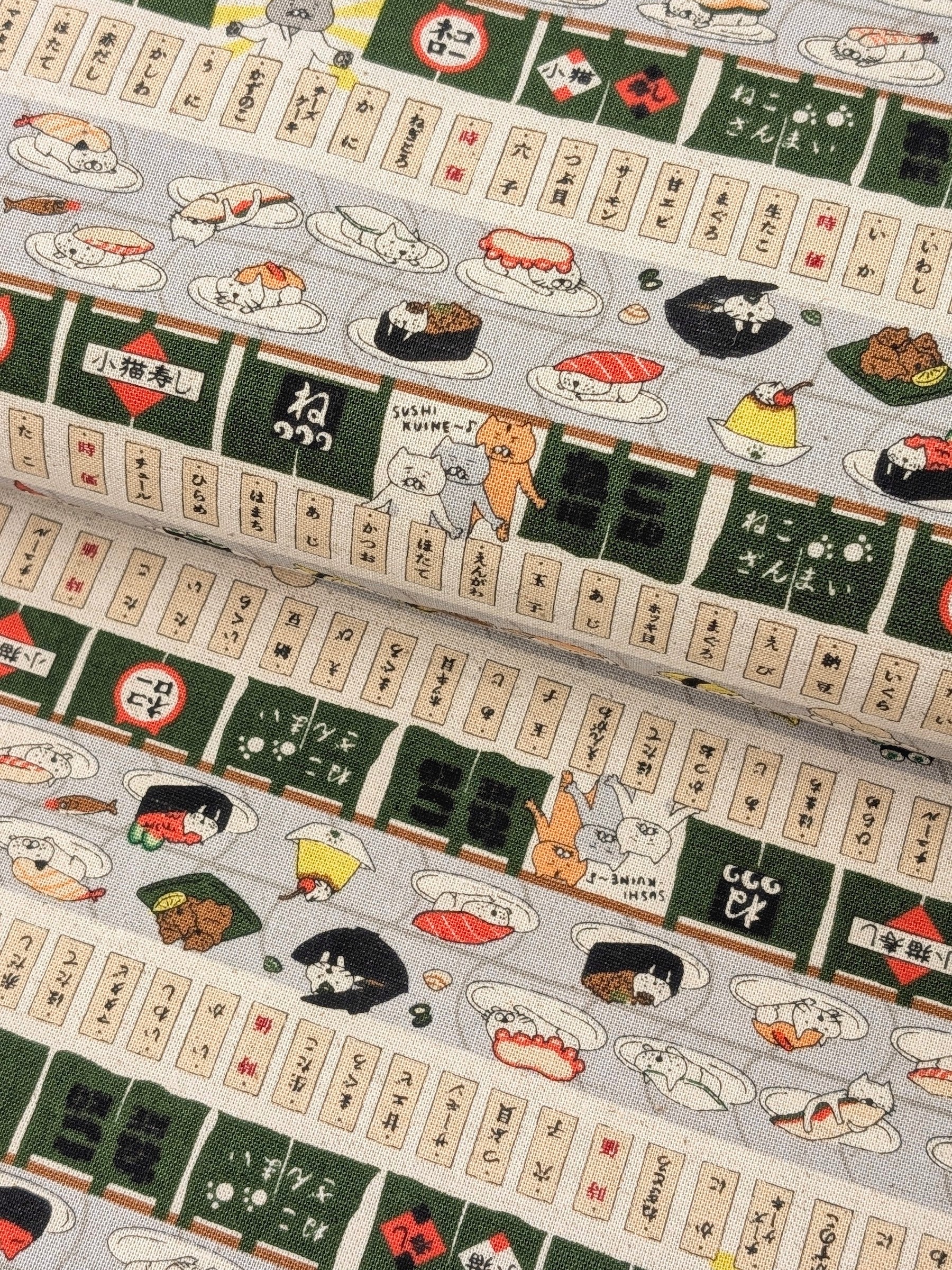 Kobayashi - Neko Sushi Train Cotton Linen Oxford Canvas Fabric - Green