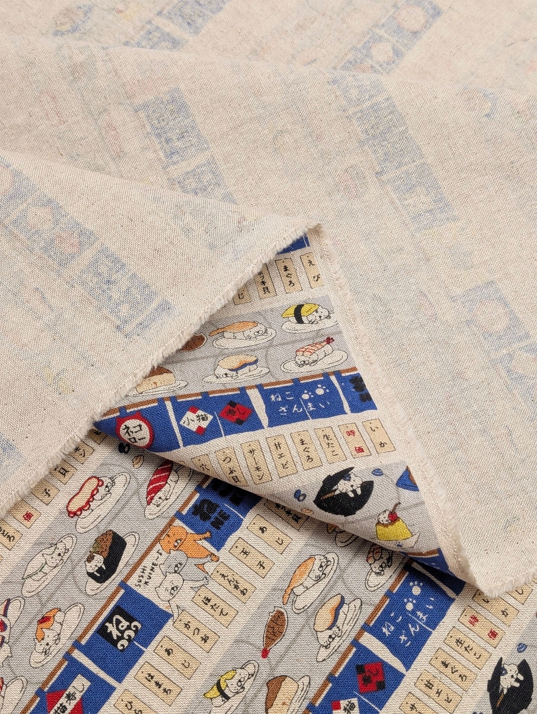 Kobayashi - Neko Sushi Train Cotton Linen Oxford Canvas Fabric - Blue