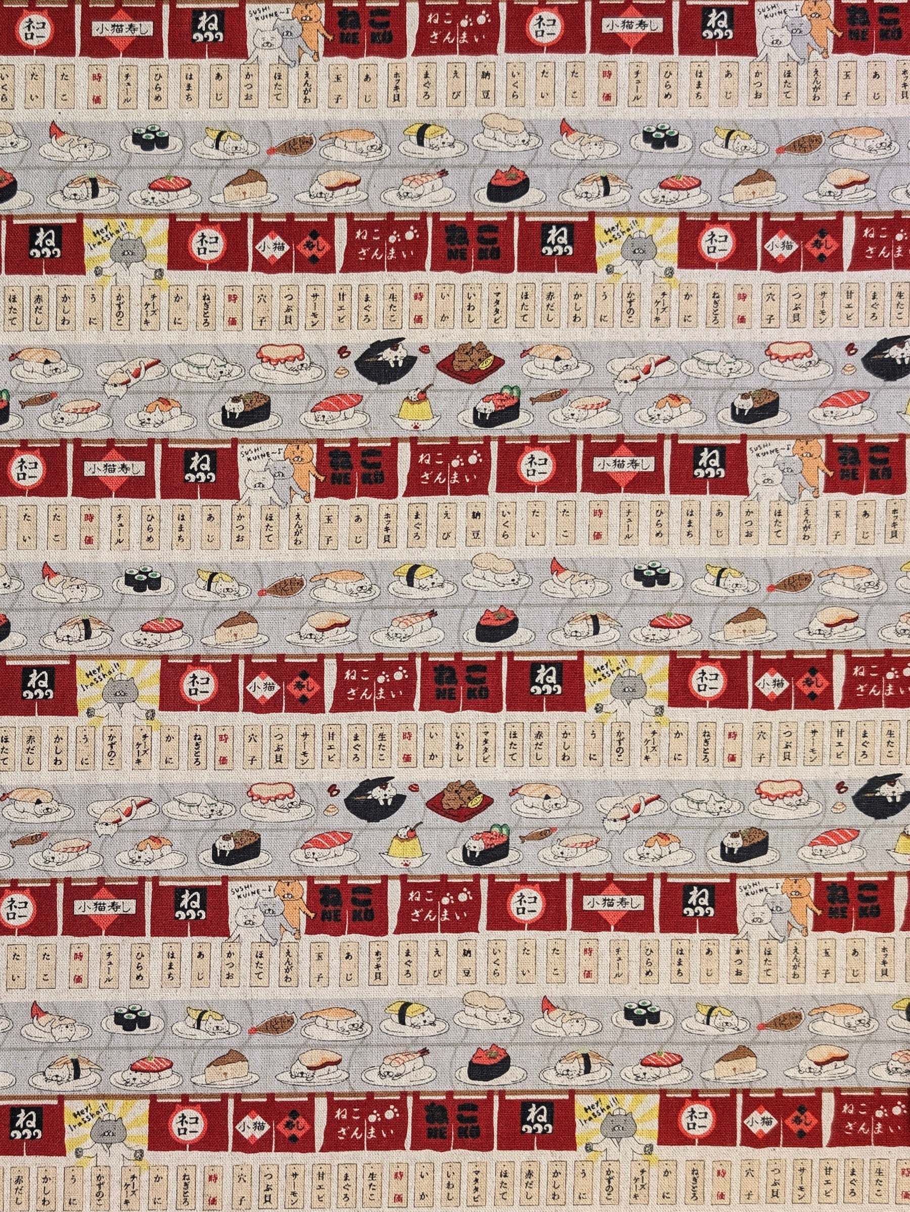 Kobayashi - Neko Sushi Train Cotton Linen Oxford Canvas Fabric - Red