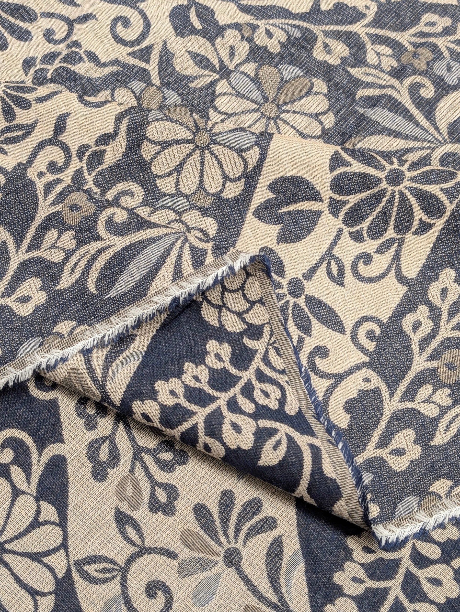 Kobayashi - Floral Vines Double Sided Jacquard Cotton Fabric - Blue & Beige