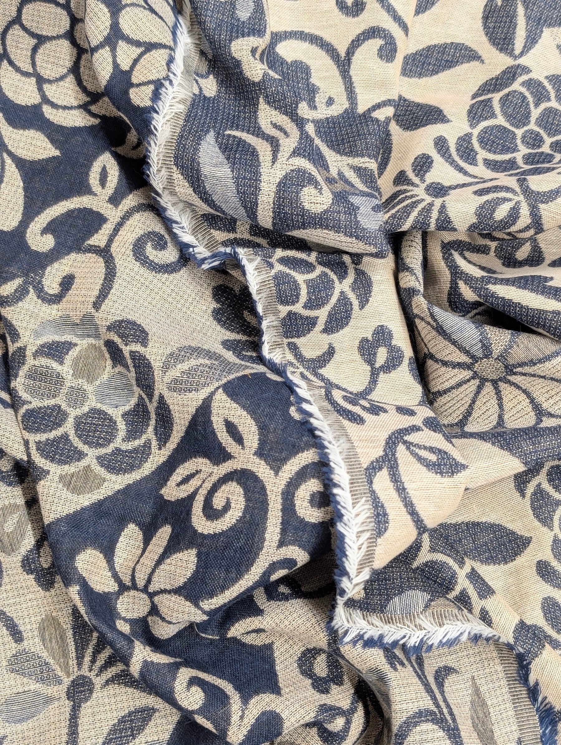 Kobayashi - Floral Vines Double Sided Jacquard Cotton Fabric - Blue & Beige