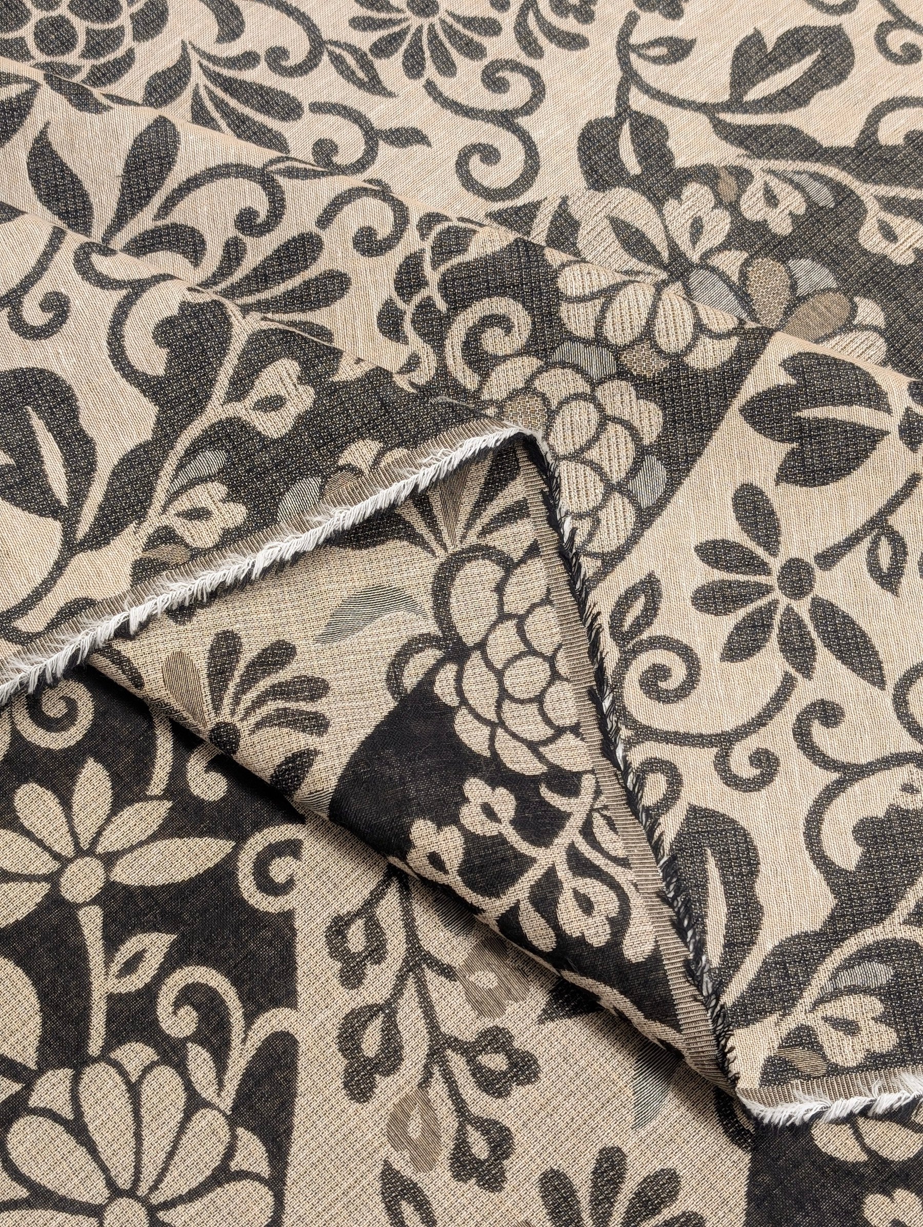 Kobayashi - Floral Vines Double Sided Jacquard Cotton Fabric - Black & Beige