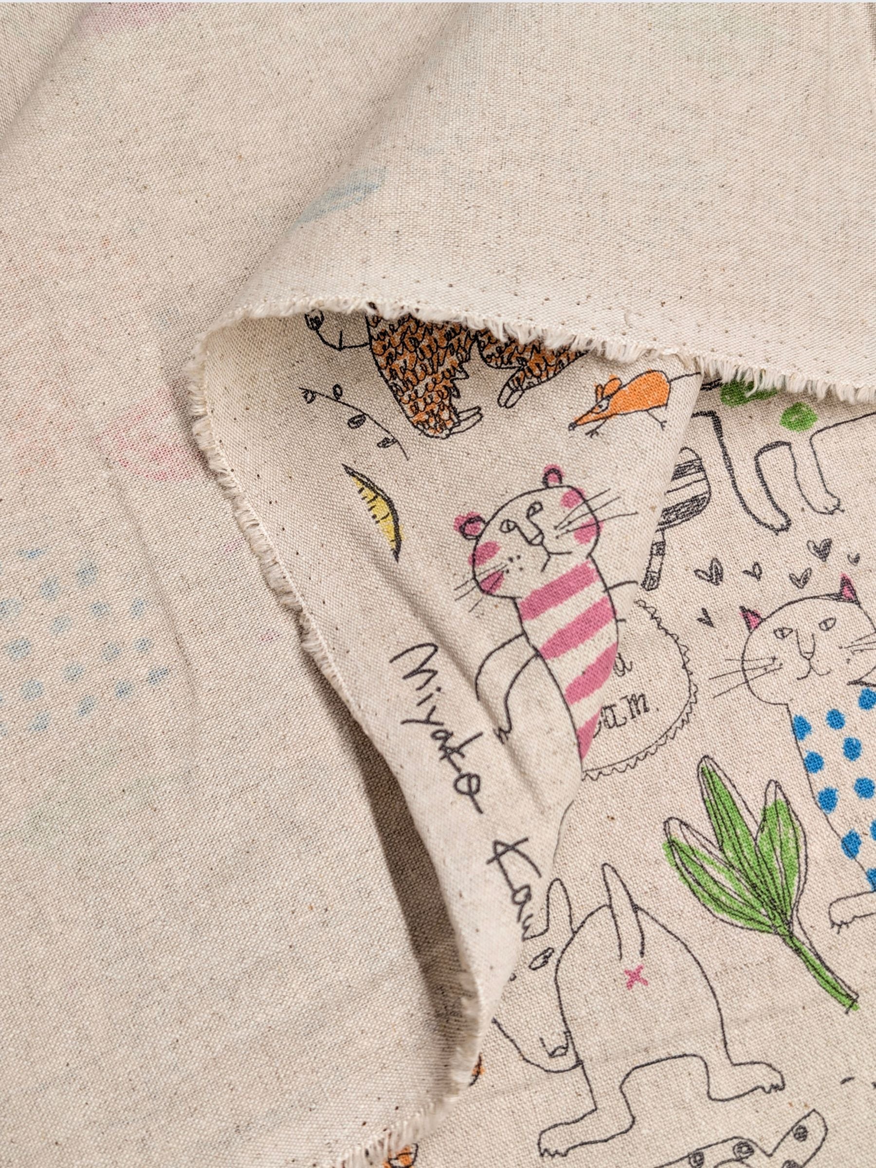Yuwa - Animal Fun Cotton/Linen Fabric - Natural