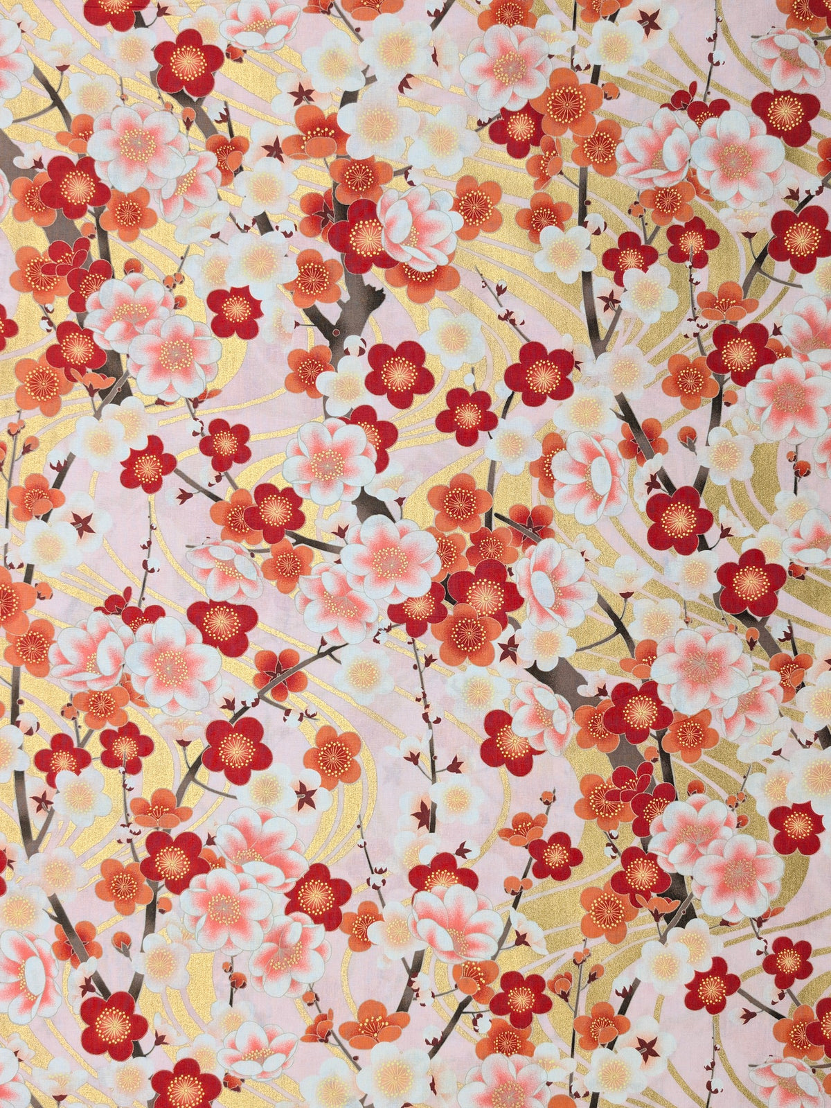 Naka - Golden Plum Blossom Cotton Sheeting Fabric - Red & Pink