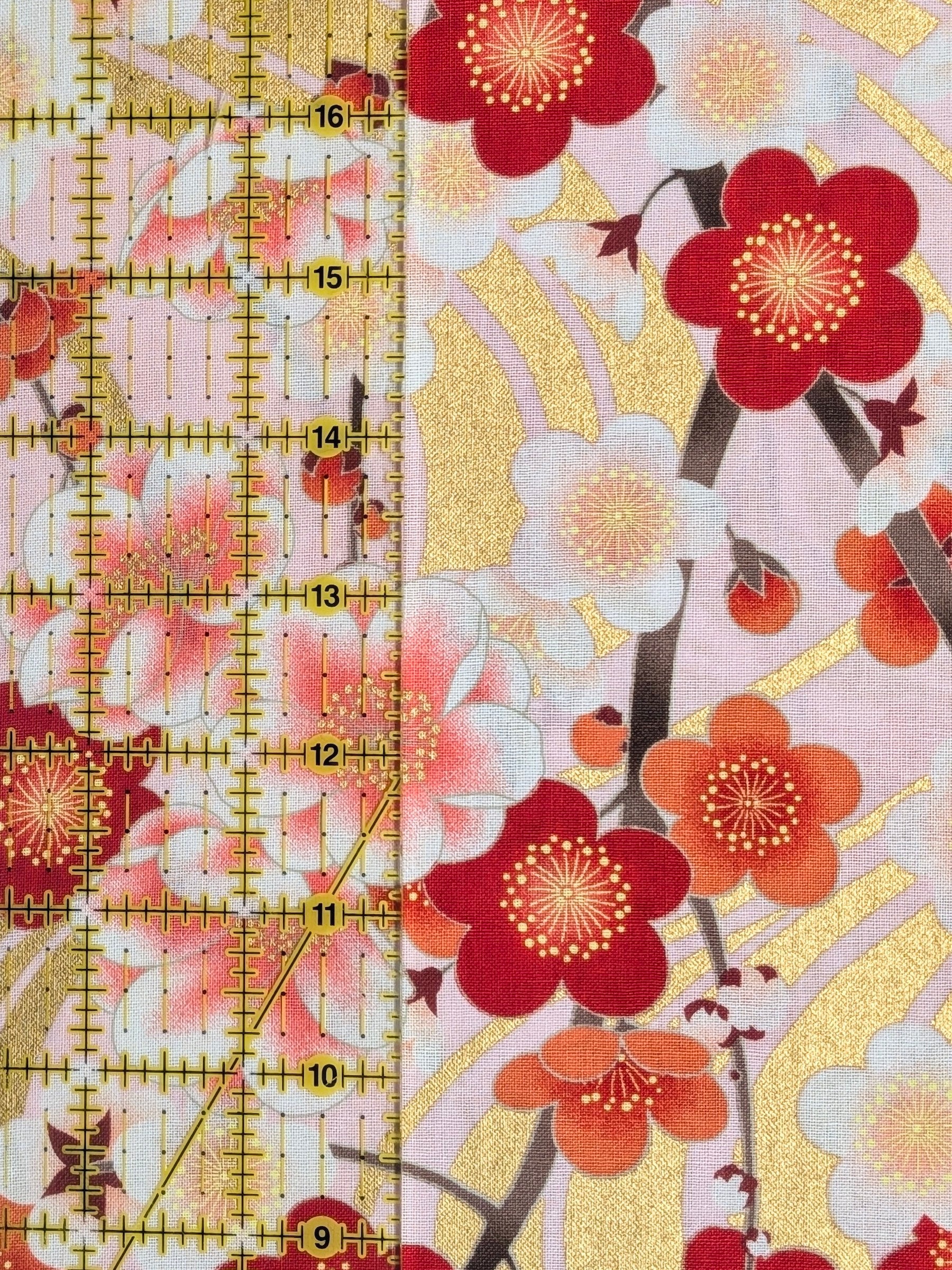 Naka - Golden Plum Blossom Cotton Sheeting Fabric - Red & Pink