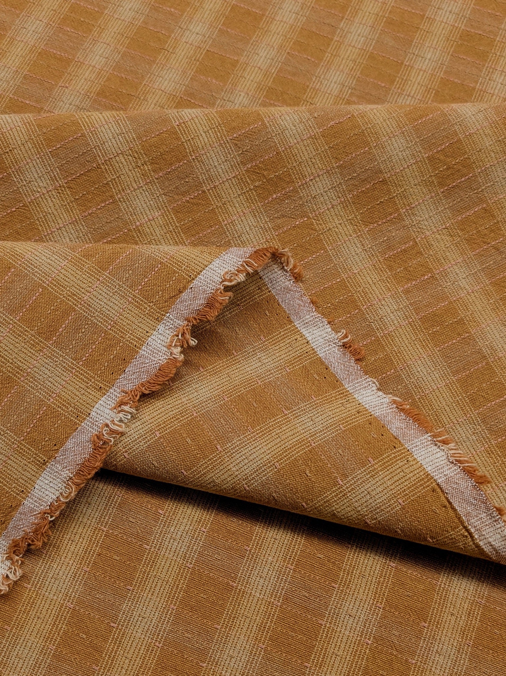 MYD - Dotted Texture Cotton Gingham Plaid Yarn Dyed Fabric - Marigold and Cream