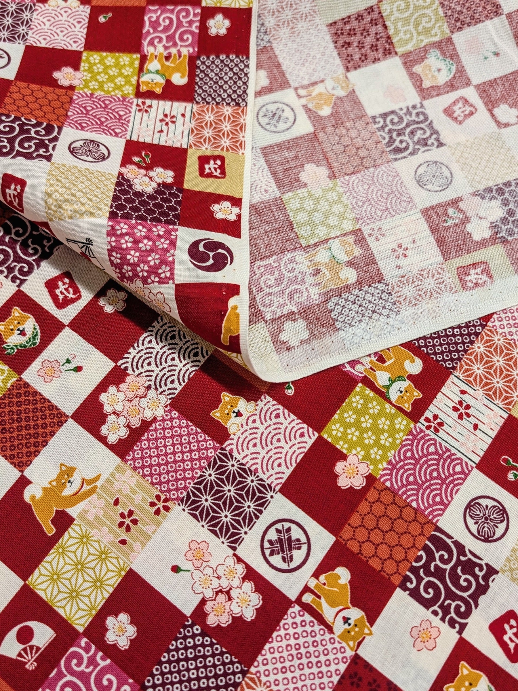 Cosmo - Checkerboard Shibas Cotton Sheeting Fabric - Red REMNANT
