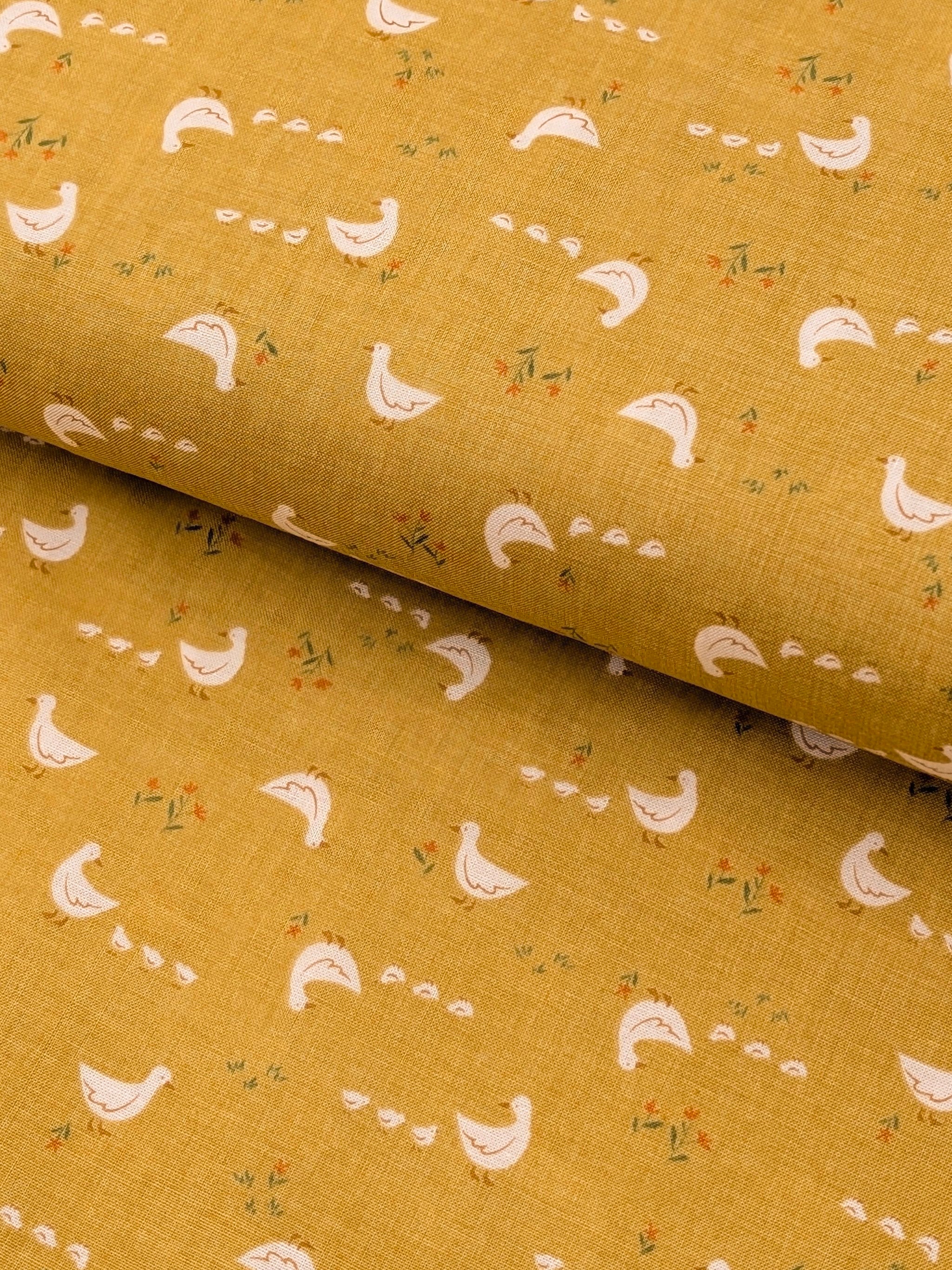 Vancet - Farmyard Ducks Feed Sack Print Cotton Fabric - Yellow