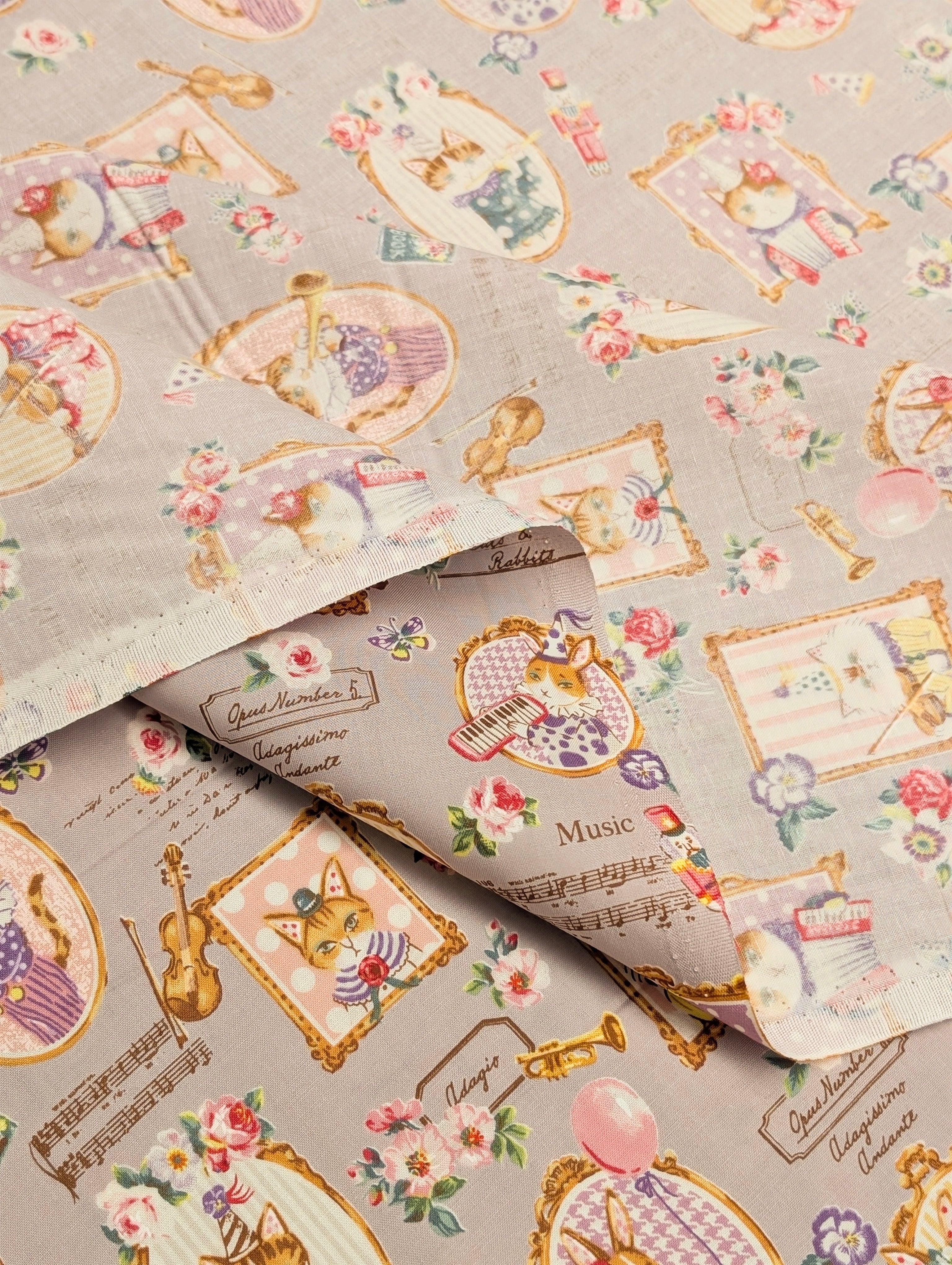 Yuwa - Musical Animal Portraits Cotton Sheeting Fabric - Gray