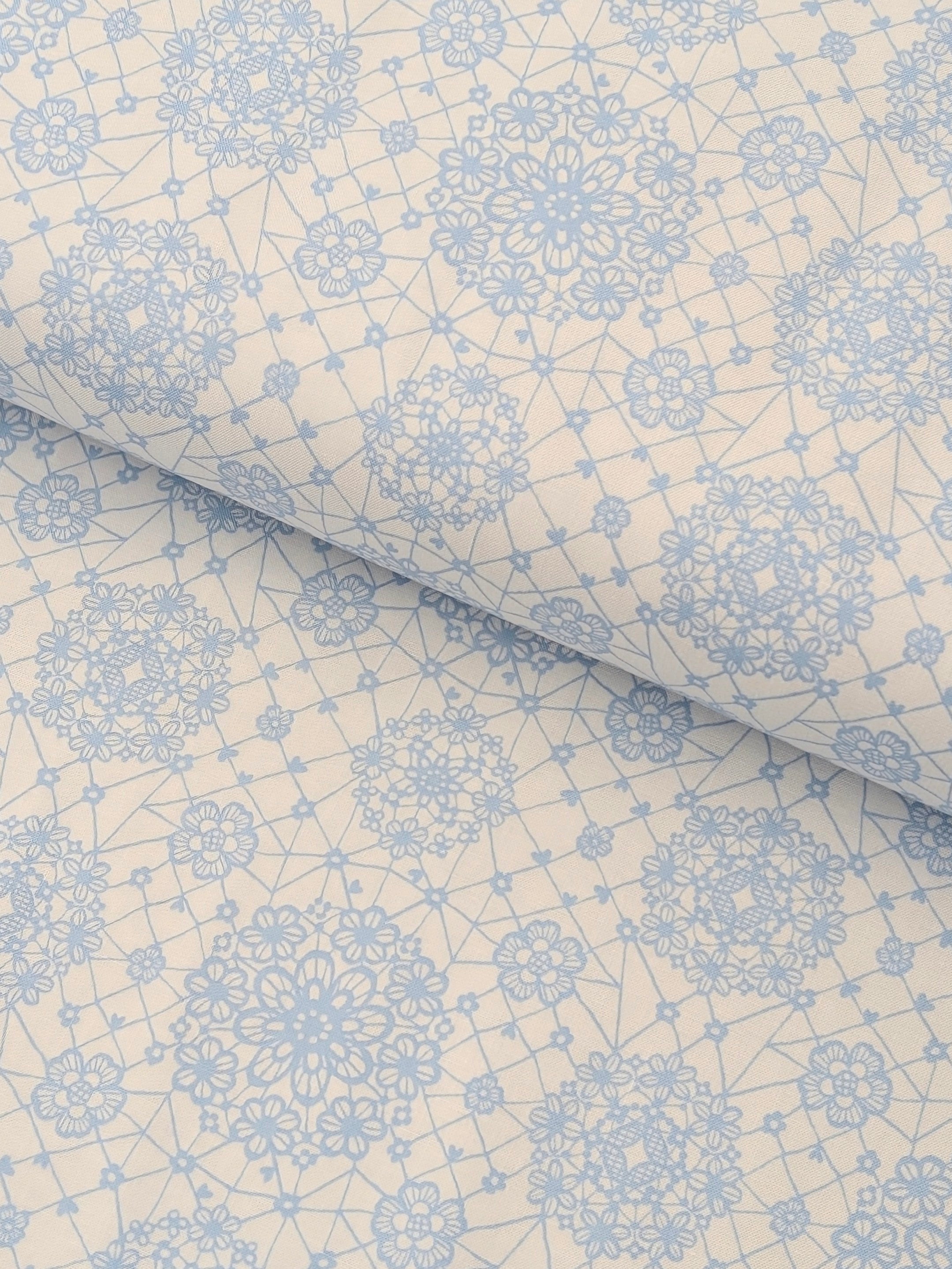 Yuwa - Floral Lace Print Cotton Sheeting Fabric - Light Blue