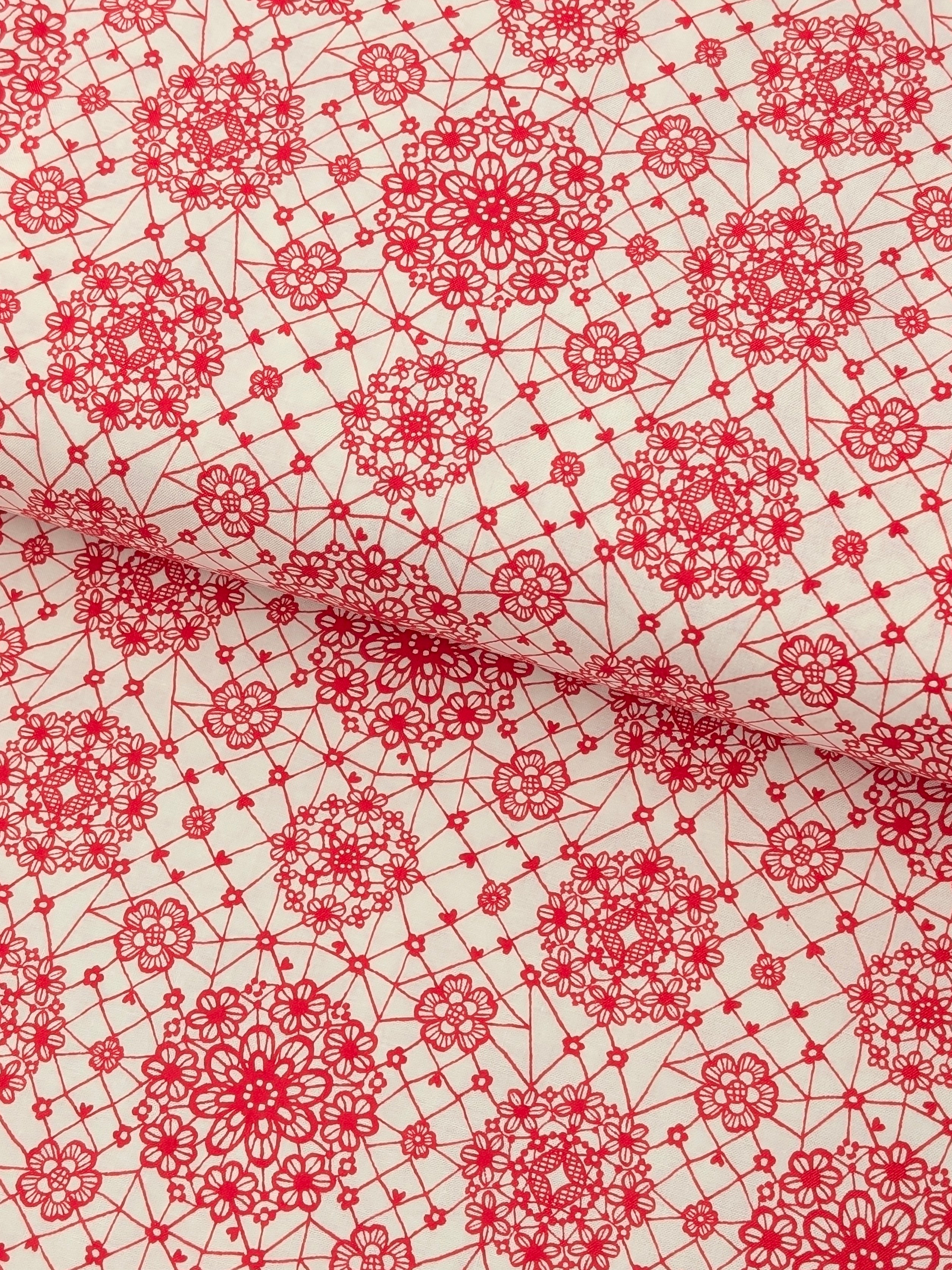 Yuwa - Floral Lace Print Cotton Sheeting Fabric - Red