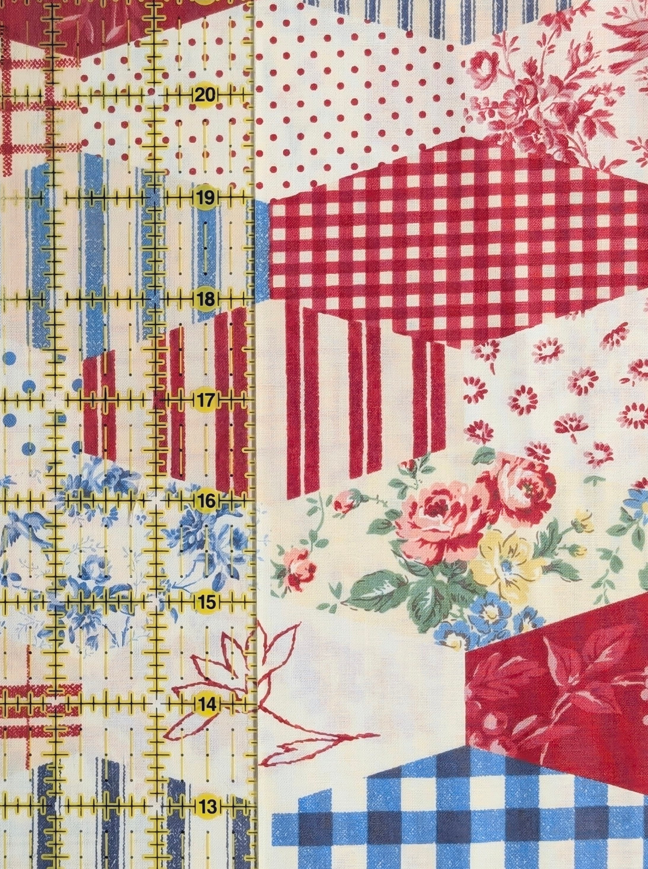 Yuwa - Patchwork Quilt Printed Cotton Sheeting Fabric - Red, White & Blue