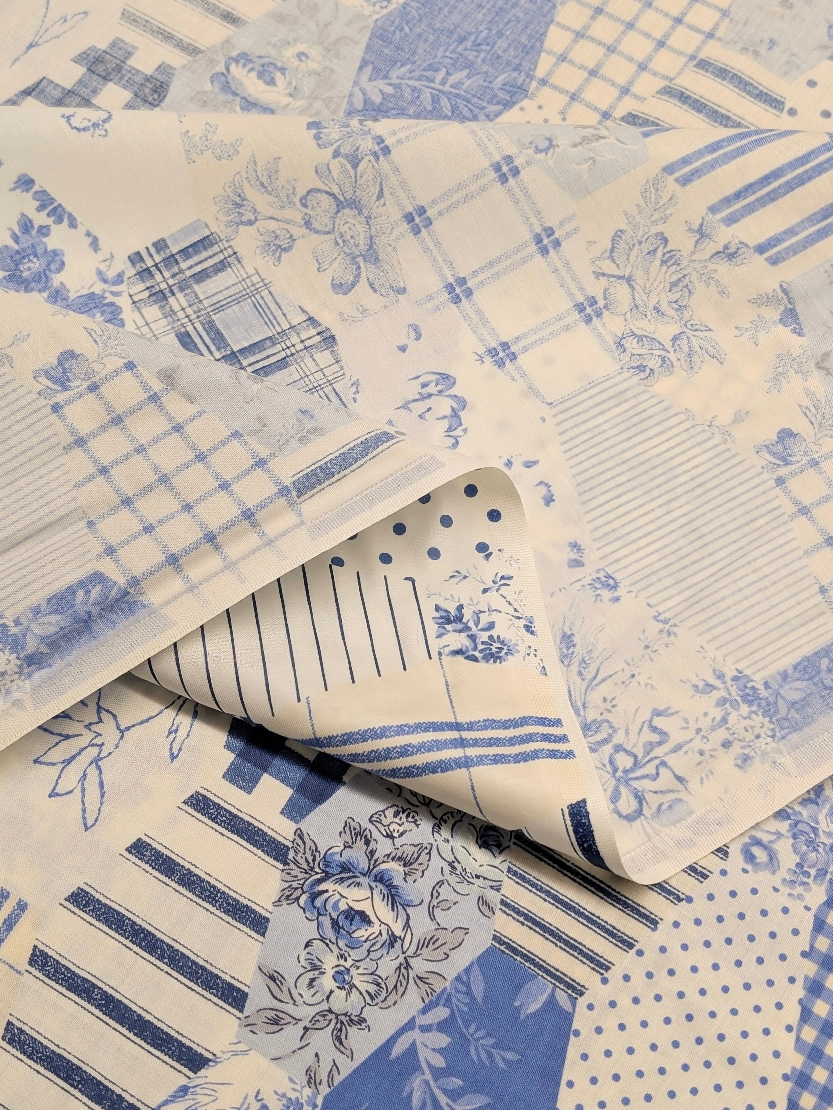 Yuwa - Patchwork Quilt Printed Cotton Sheeting Fabric - White & Blue