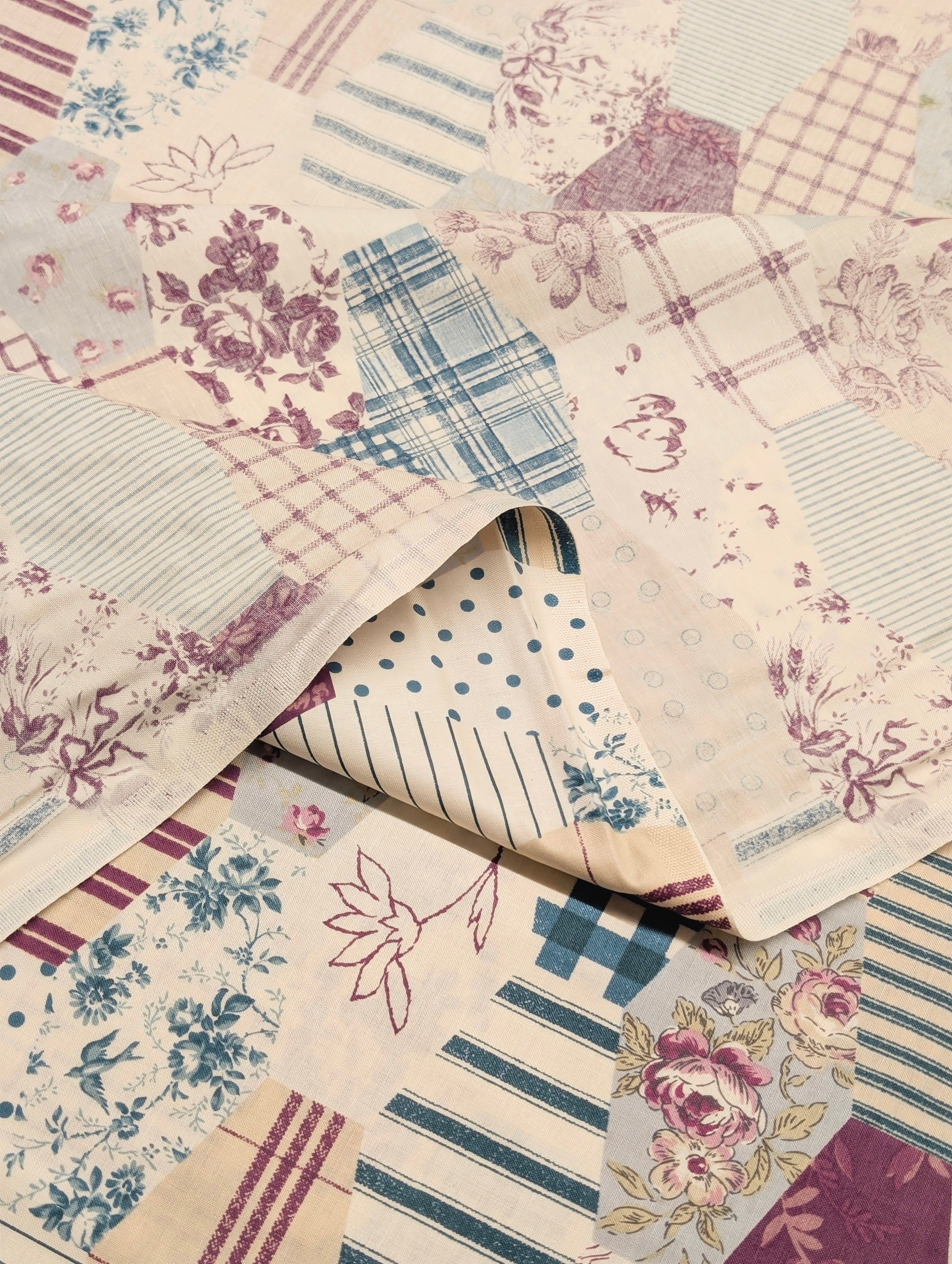 Yuwa - Patchwork Quilt Printed Cotton Sheeting Fabric - Beige, Maroon & Green