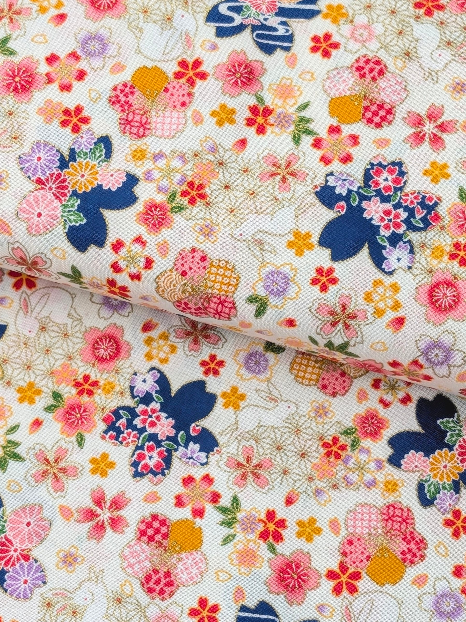 CoCo - Golden Rabbits & Cherry Blossoms Cotton Shirting Fabric - White