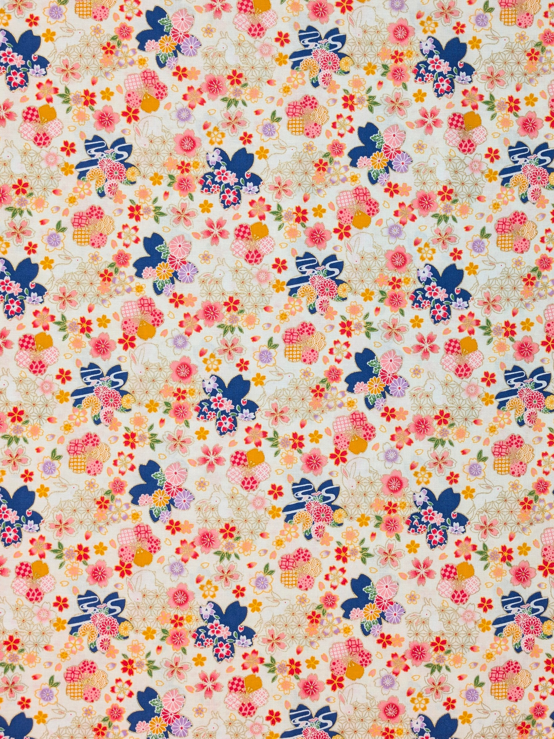 CoCo - Golden Rabbits & Cherry Blossoms Cotton Shirting Fabric - White