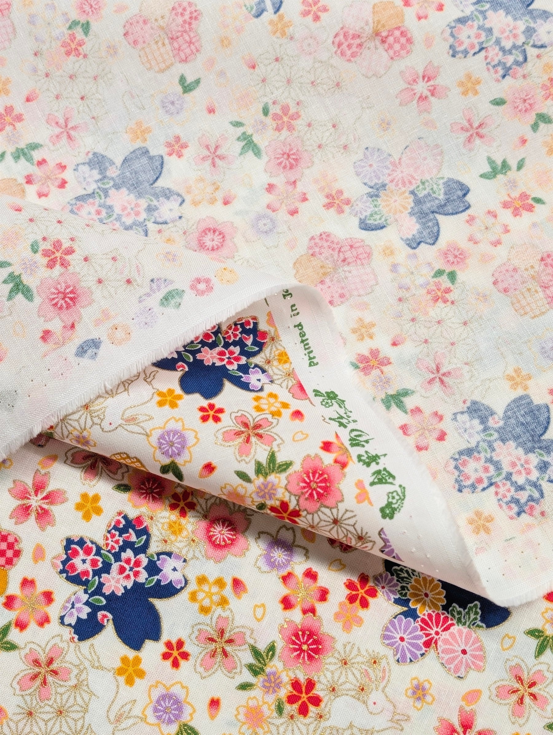 CoCo - Golden Rabbits & Cherry Blossoms Cotton Shirting Fabric - White