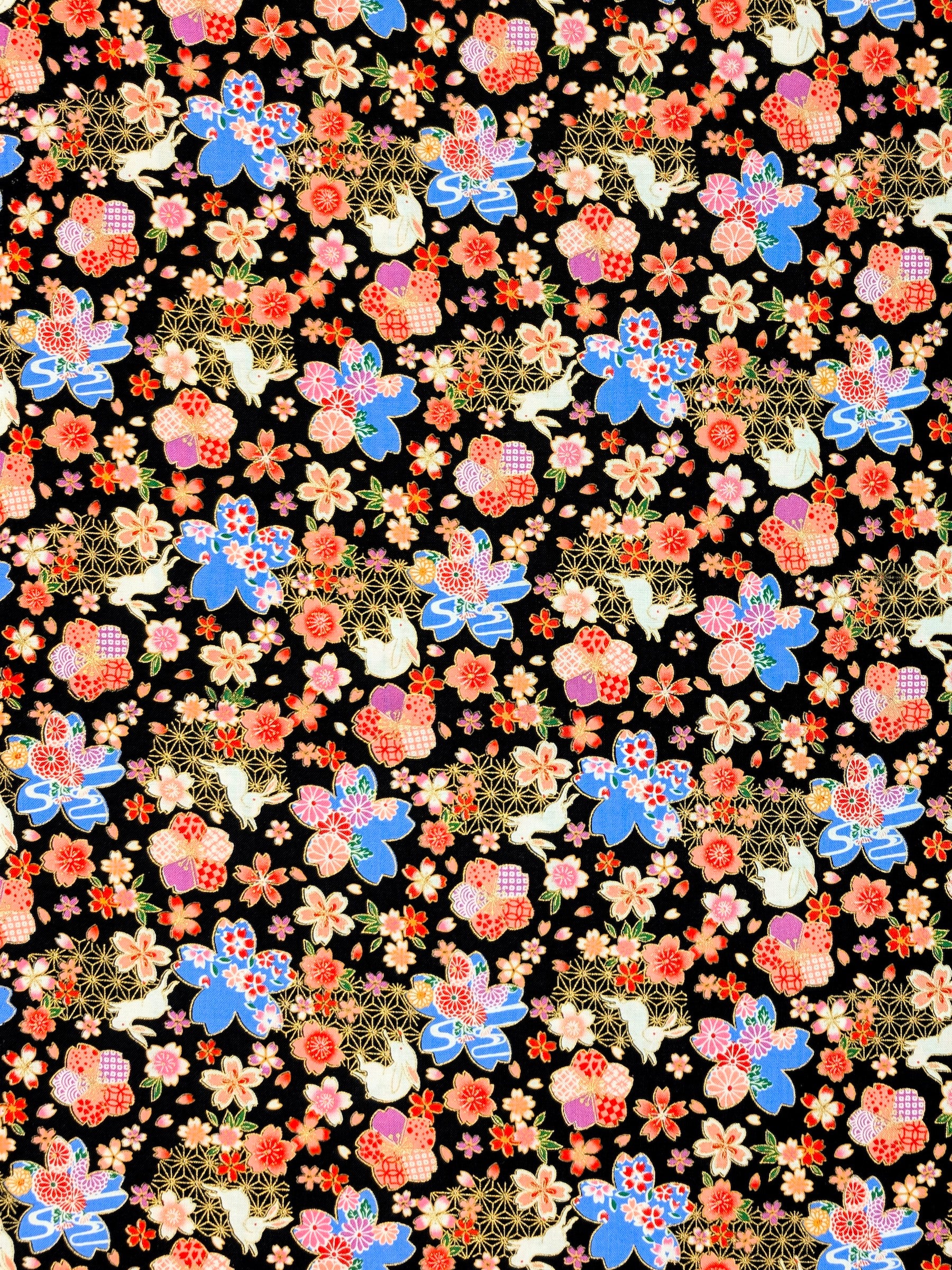 CoCo - Golden Rabbits & Cherry Blossoms Cotton Shirting Fabric - Black