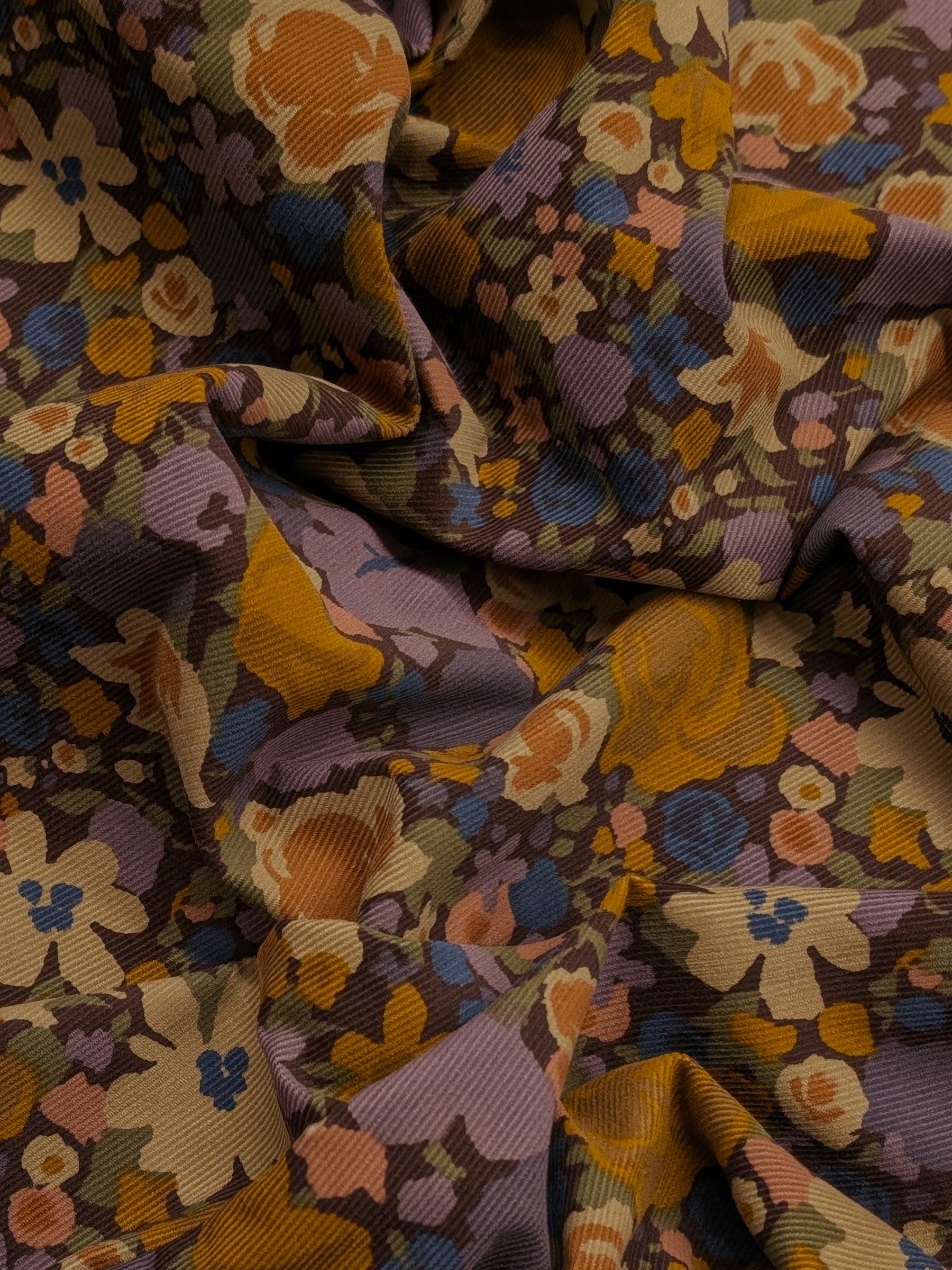 Hokkoh - Block Flower Meadow Cotton Needlecord Corduroy Fabric - Burgundy