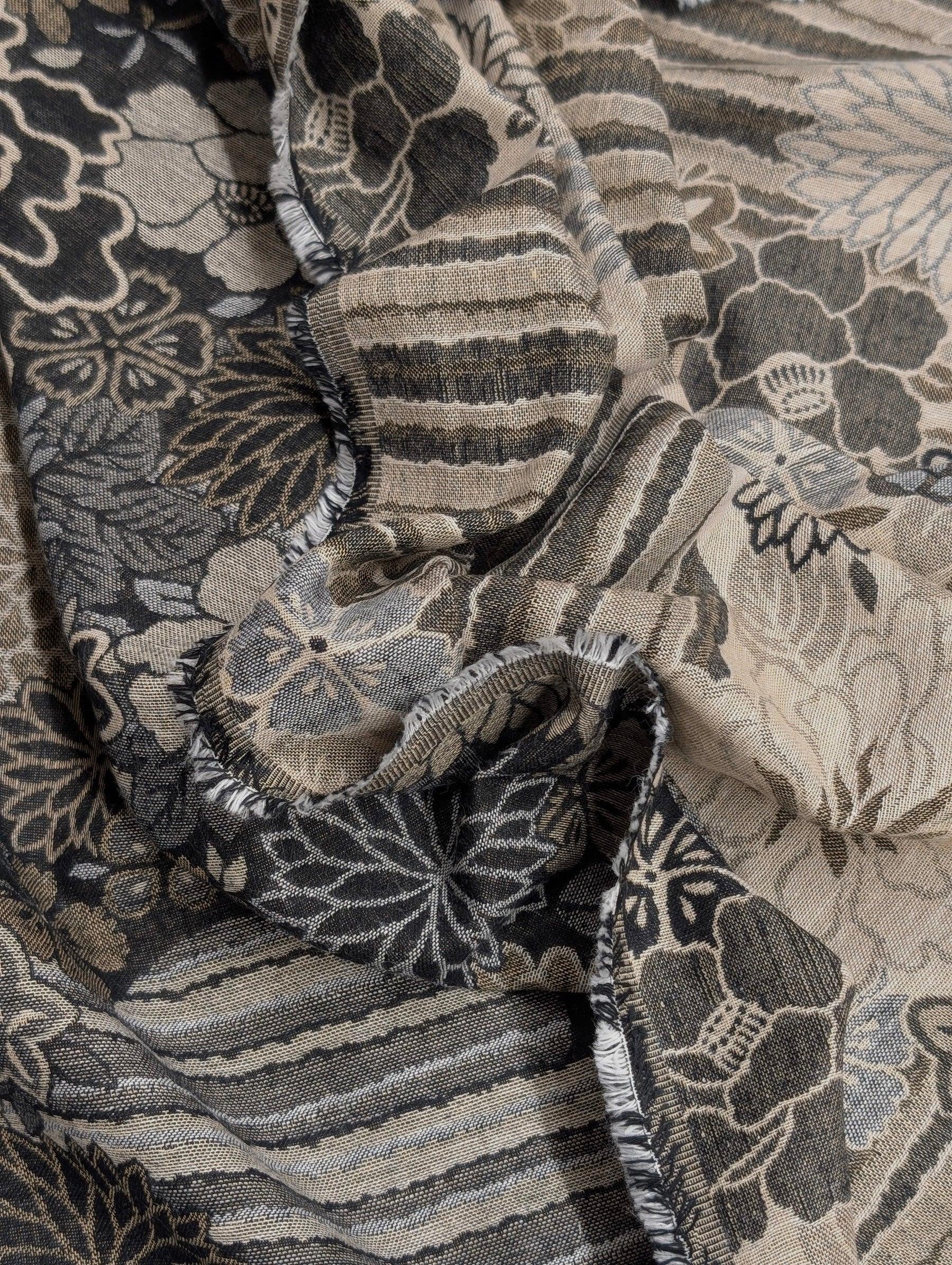 Kobayashi - Floral Blooms with Stripes Double Sided Jacquard Cotton Fabric - Black & Beige