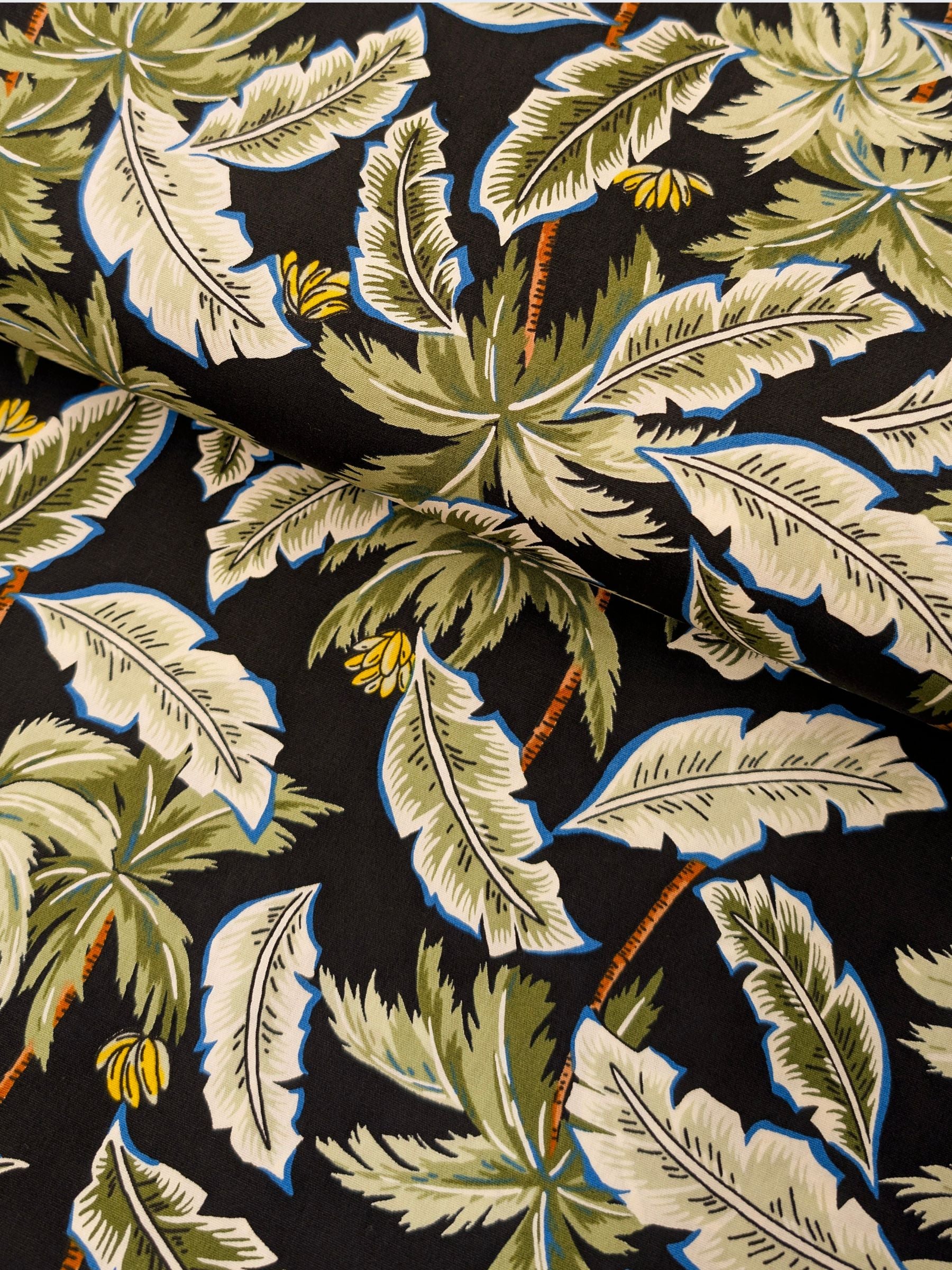 Sevenberry - Tropical Palms Cotton Broadcloth Fabric - Black