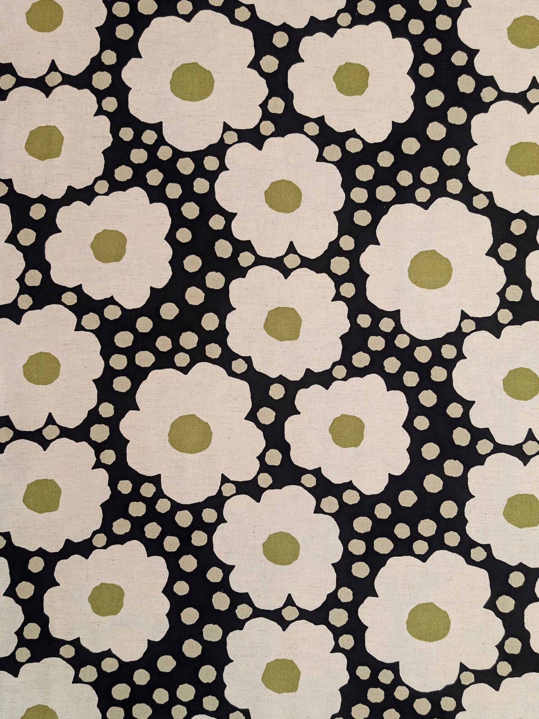 Kobayashi - Big Daisies & Polka Dots Cotton Linen Oxford Canvas Fabric - Black & White