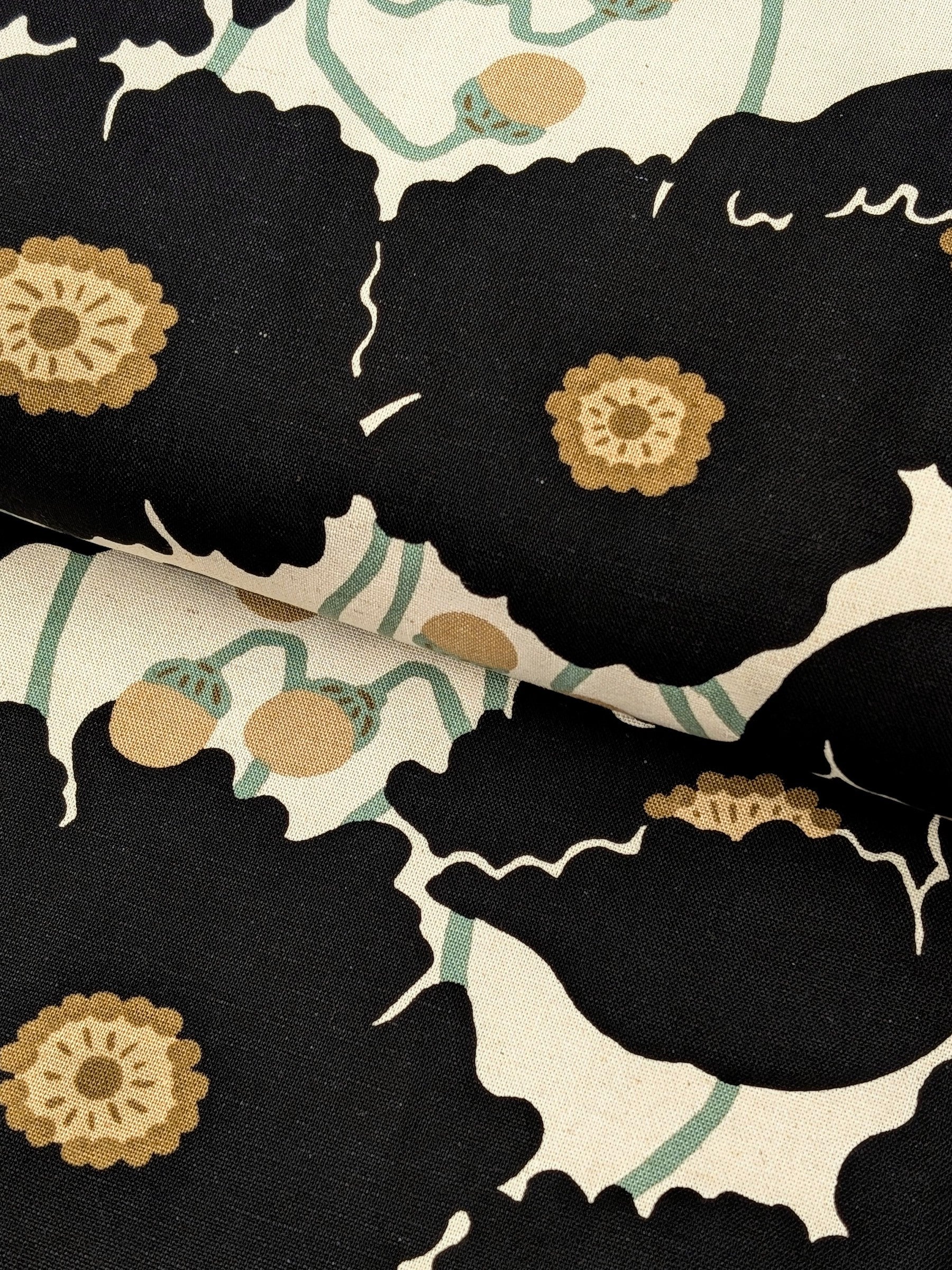 Kobayashi - Giant Scandinavian Poppies Cotton Linen Light Canvas Japanese Fabric - Black