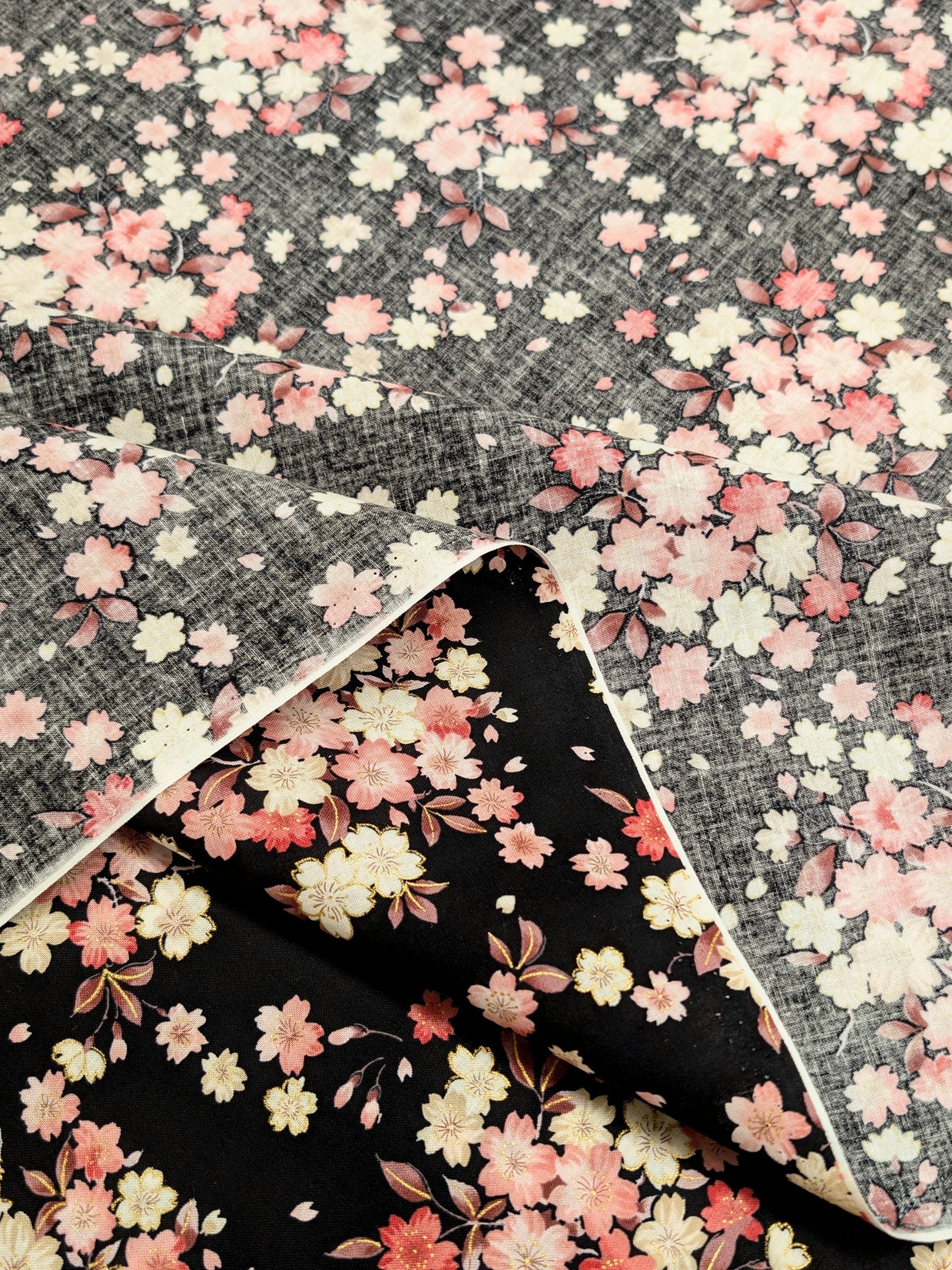 Kokka - Golden Cherry Blossoms Cotton Sheeting Fabric - Black
