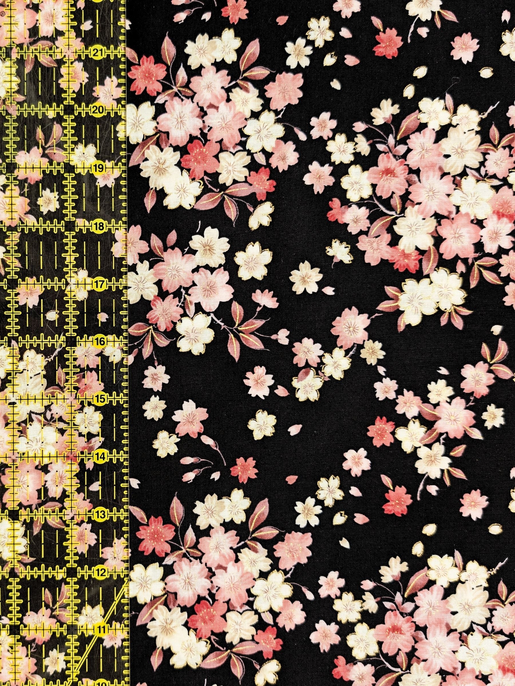 Kokka - Golden Cherry Blossoms Cotton Sheeting Fabric - Black