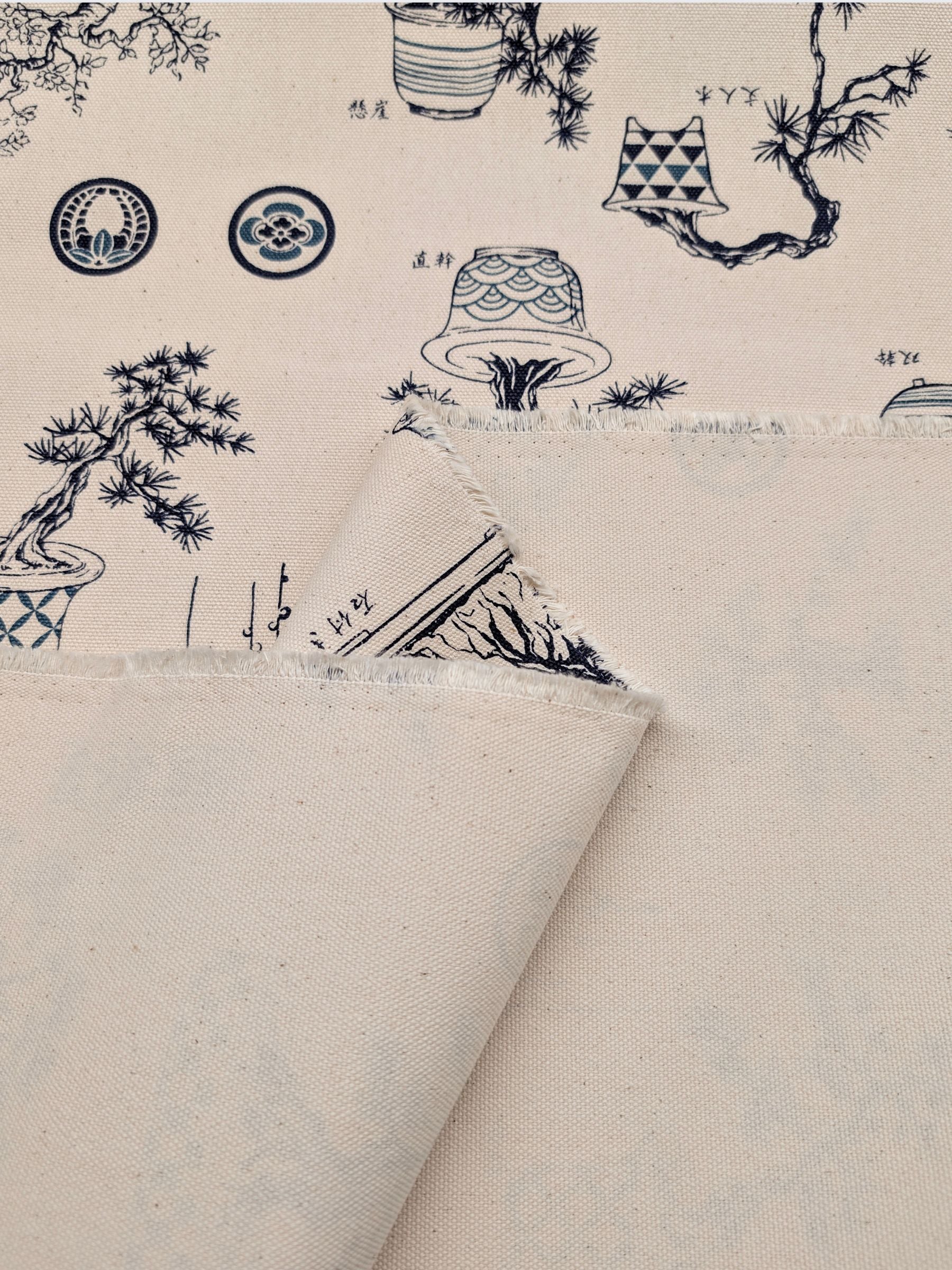 Kokka - Bonsai Trees Cotton Duck Canvas Fabric - Beige & Blue