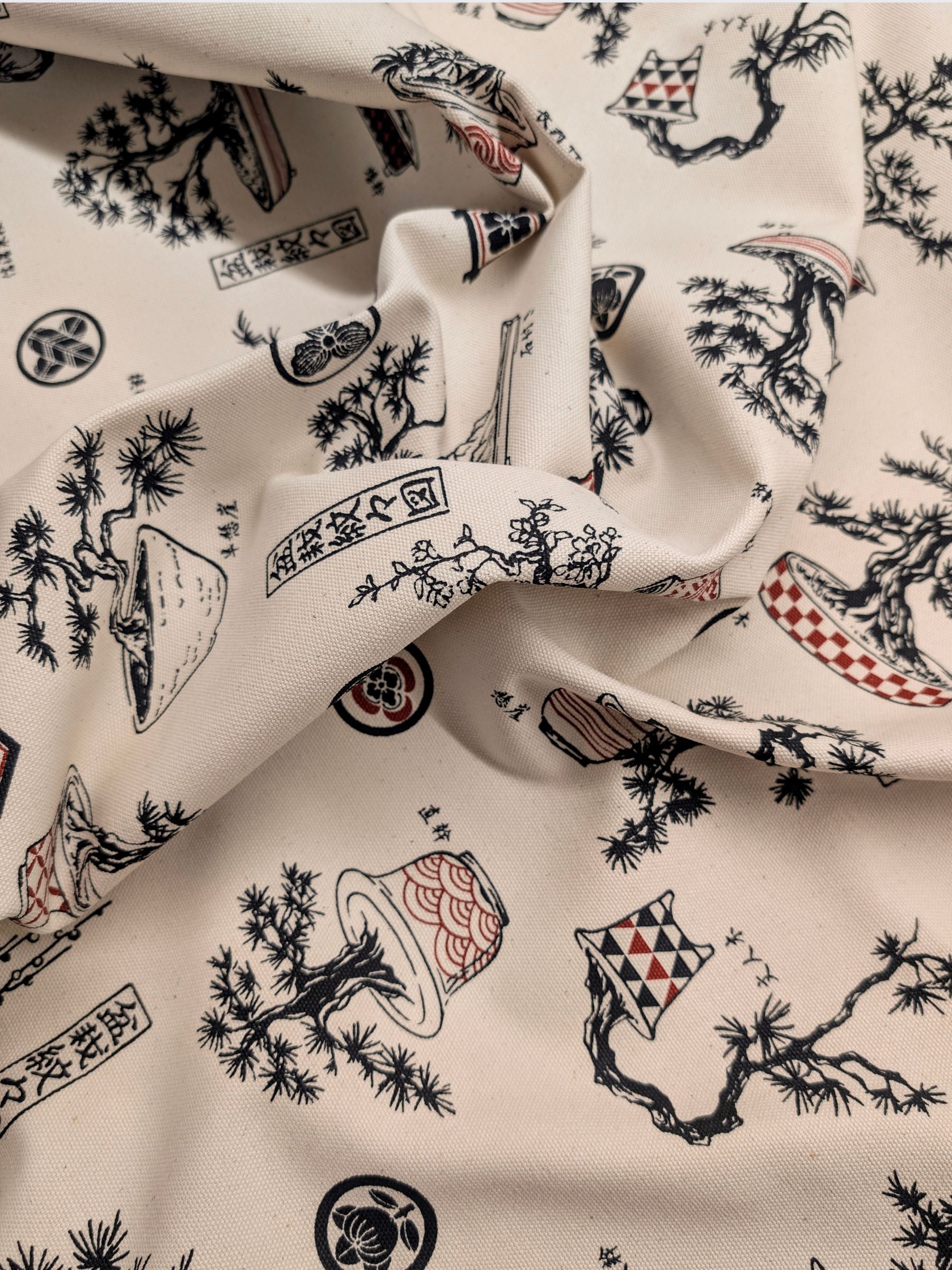 Kokka - Bonsai Trees Cotton Duck Canvas Fabric - Beige & Red