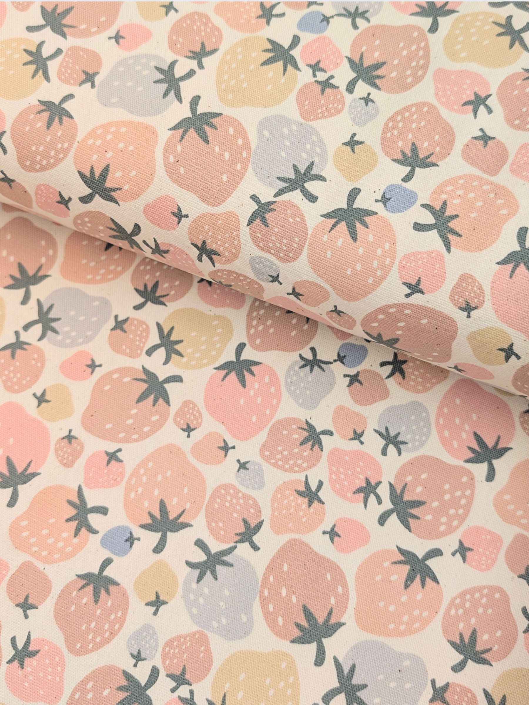 Kokka - Pastel Strawberries Cotton Oxford Fabric - Pink