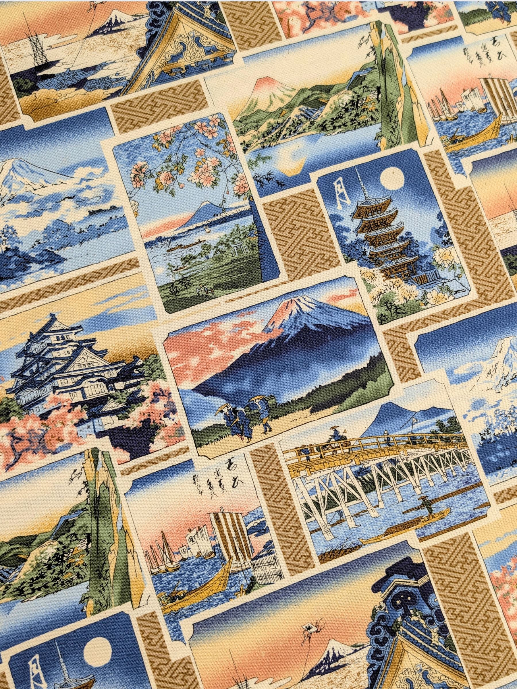 Kokka - Japanese Country Scenes Cotton Sheeting Fabric - Tan