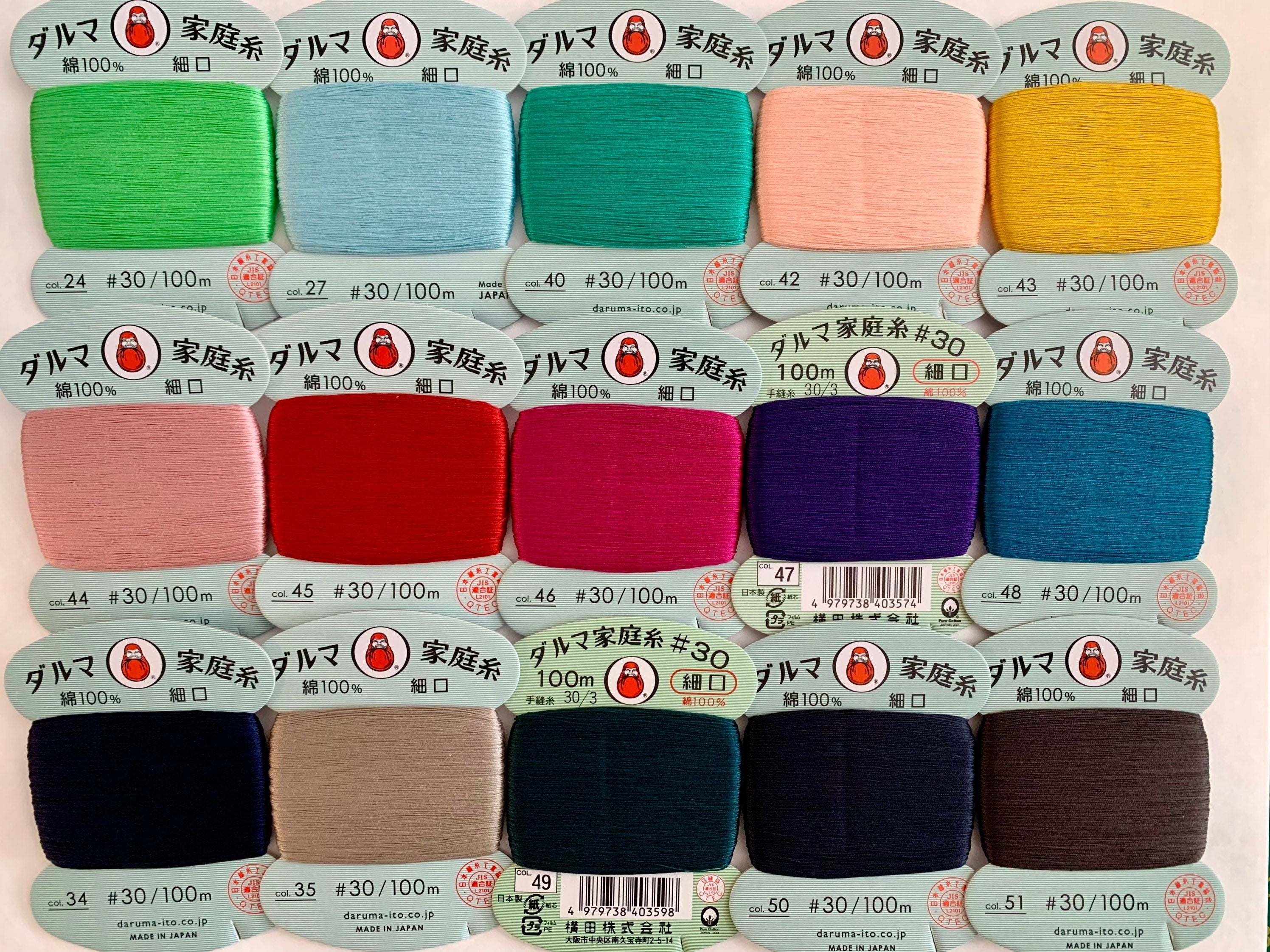 Daruma - Cotton Hand Sewing Thread Size #30 100m Card - Color #34 Dark Blue