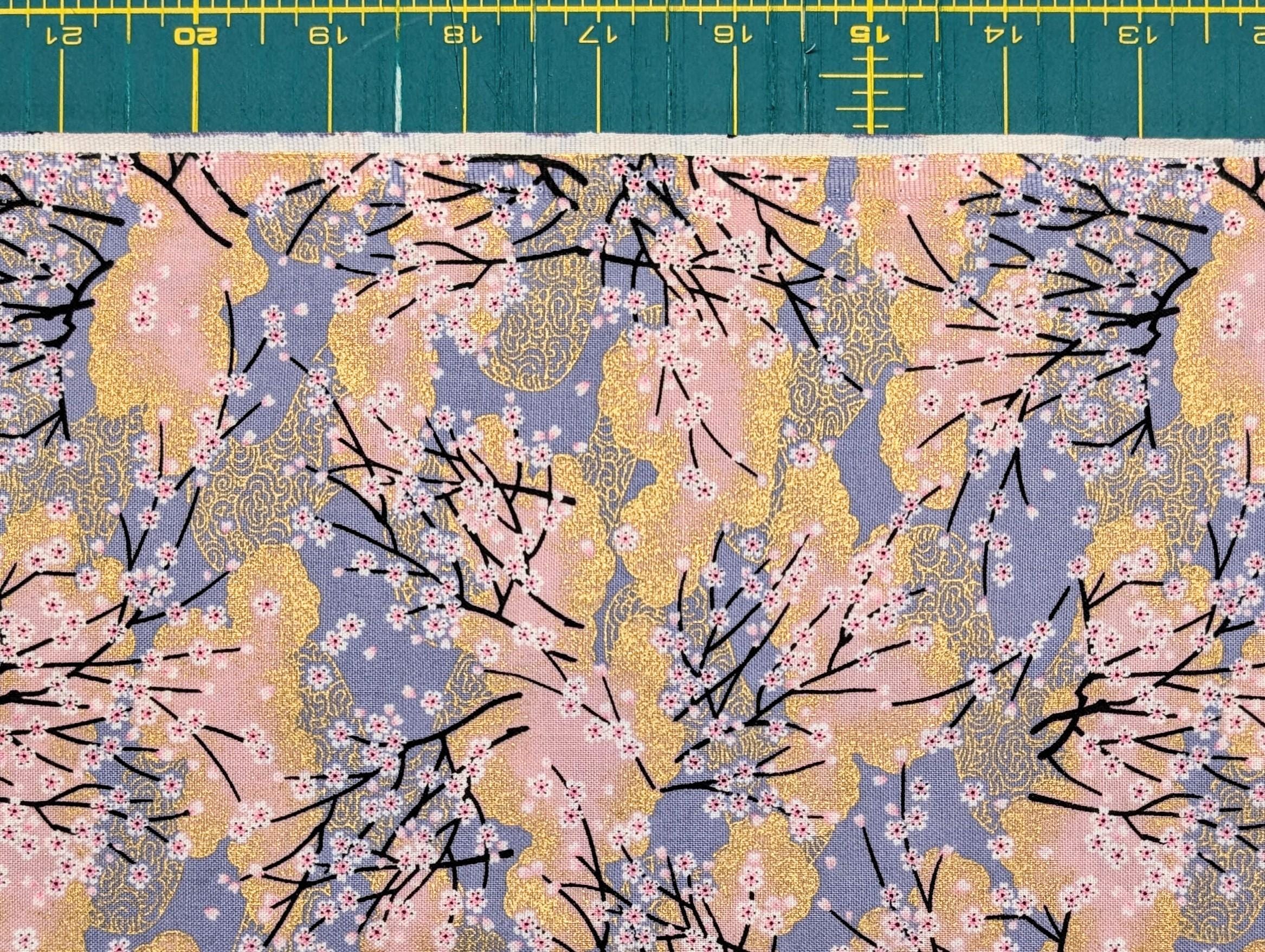 Cherry Blossom Trees with Gold Japanese cotton fabric A-45000-68 D pink & gray