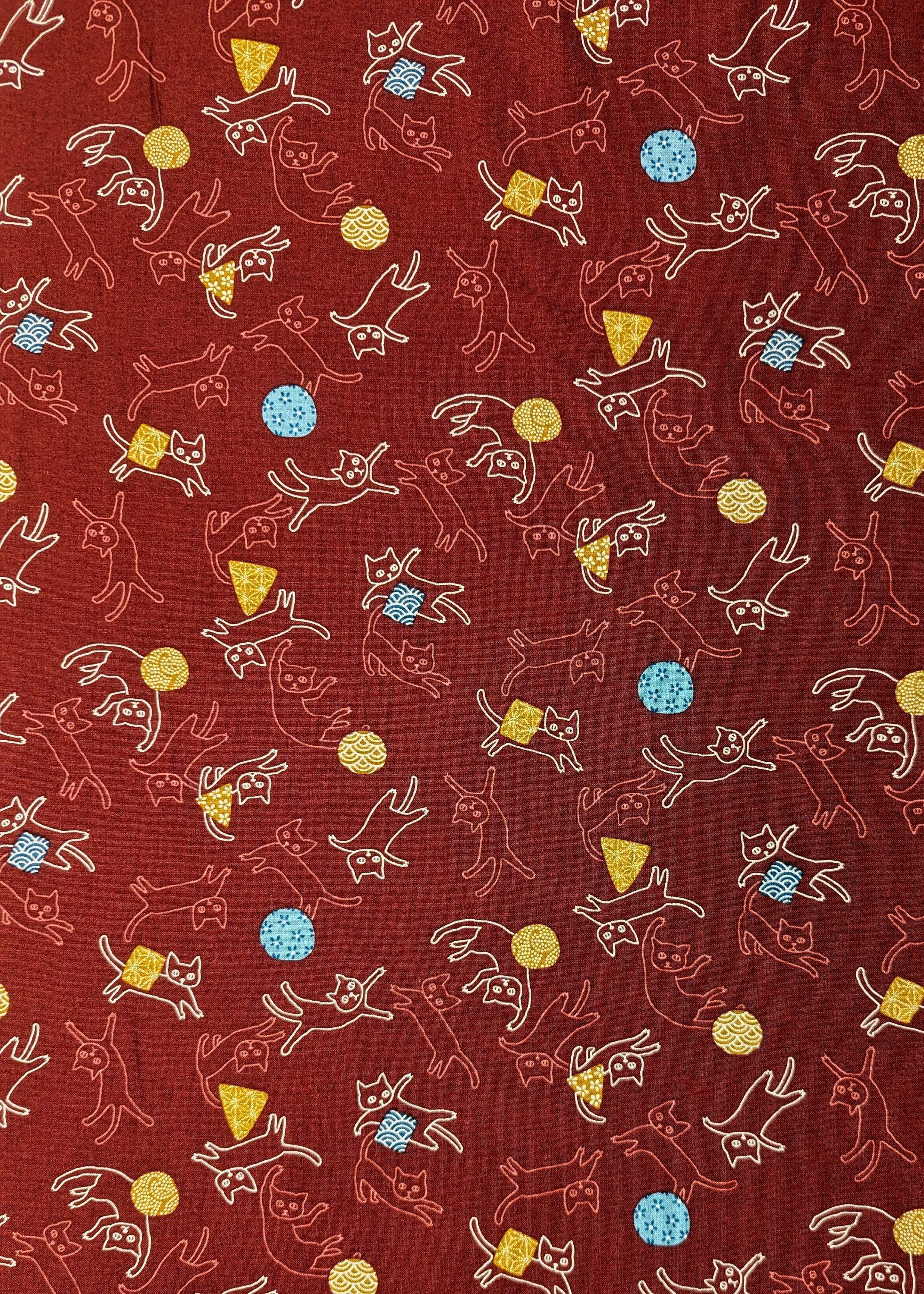 Kurenai - Dancing Cats Cotton Fabric - Red