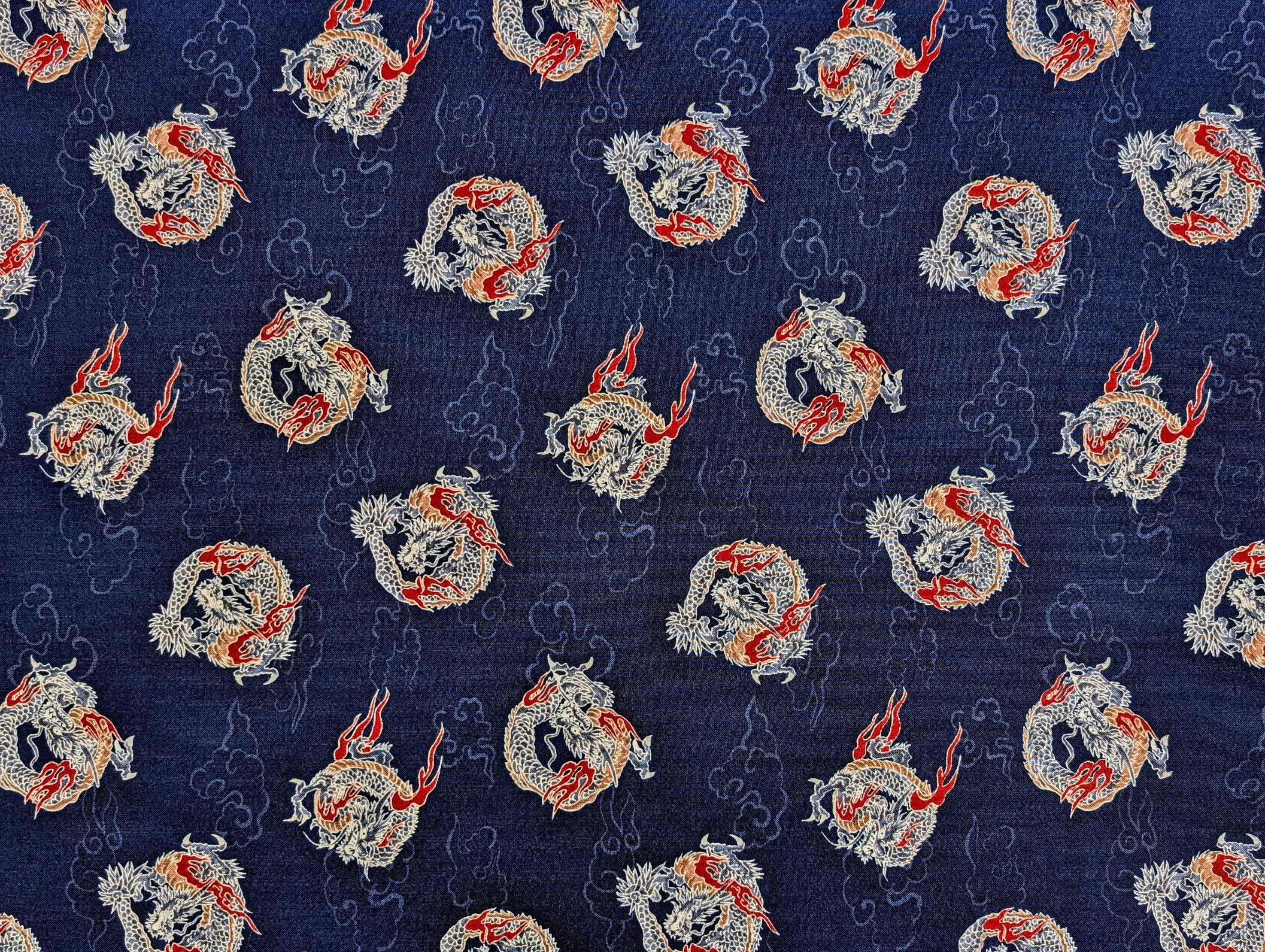 Hishiei - Circling Dragons Cotton Fabric - Navy Blue