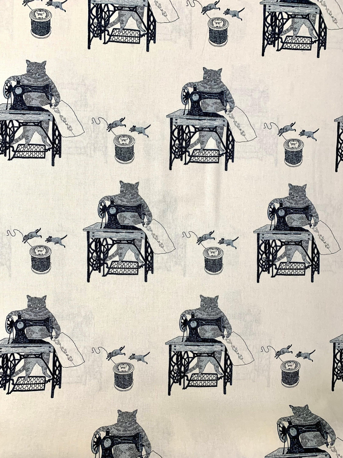Purr-fect Stitches Cats with Sewing Machines Japanese cotton linen blend canvas 148-1800-1 off-white black blue
