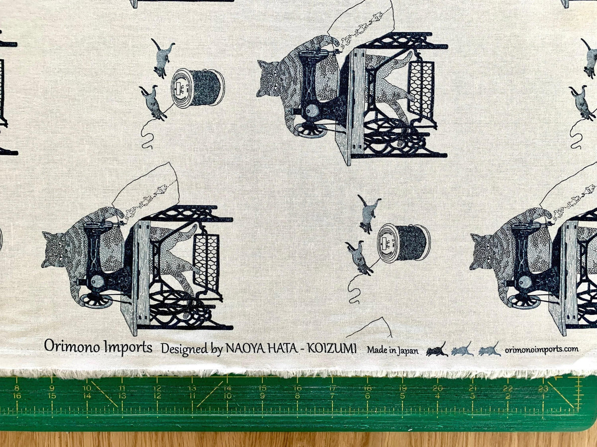 Purr-fect Stitches Cats with Sewing Machines Japanese cotton linen blend canvas 148-1800-1 off-white black blue