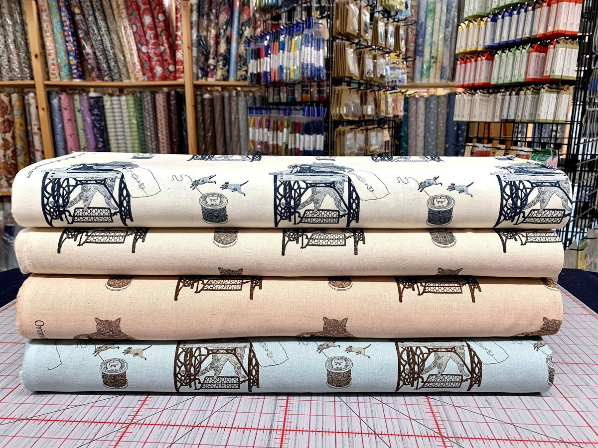 Purr-fect Stitches Cats with Sewing Machines Japanese cotton linen blend canvas 148-1800-1 off-white black blue