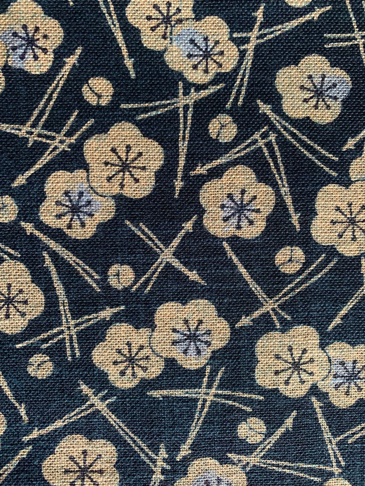 Kurenai - Plum Blossom and Pine Hand Stenciled Cotton - Blue Beige