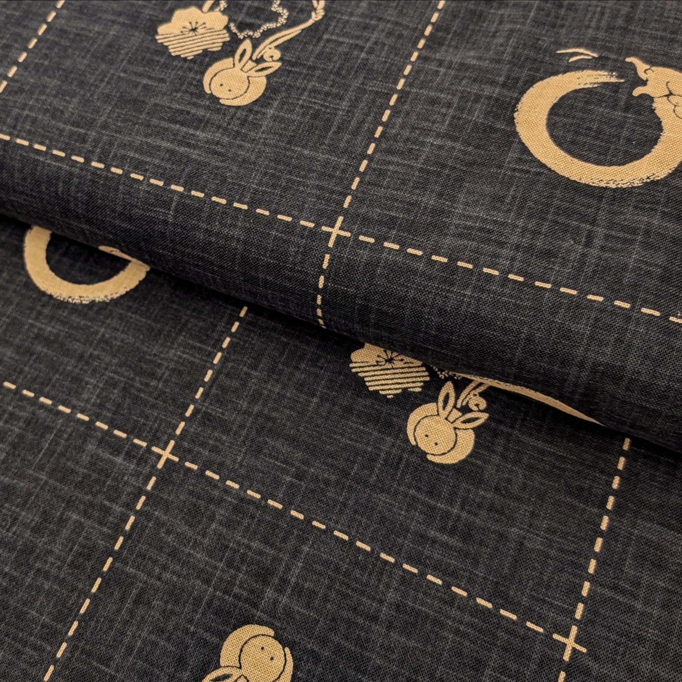 NEW Enso Rabbit hand stenciled Japanese cotton fabric KP7090-140 B black - half yard