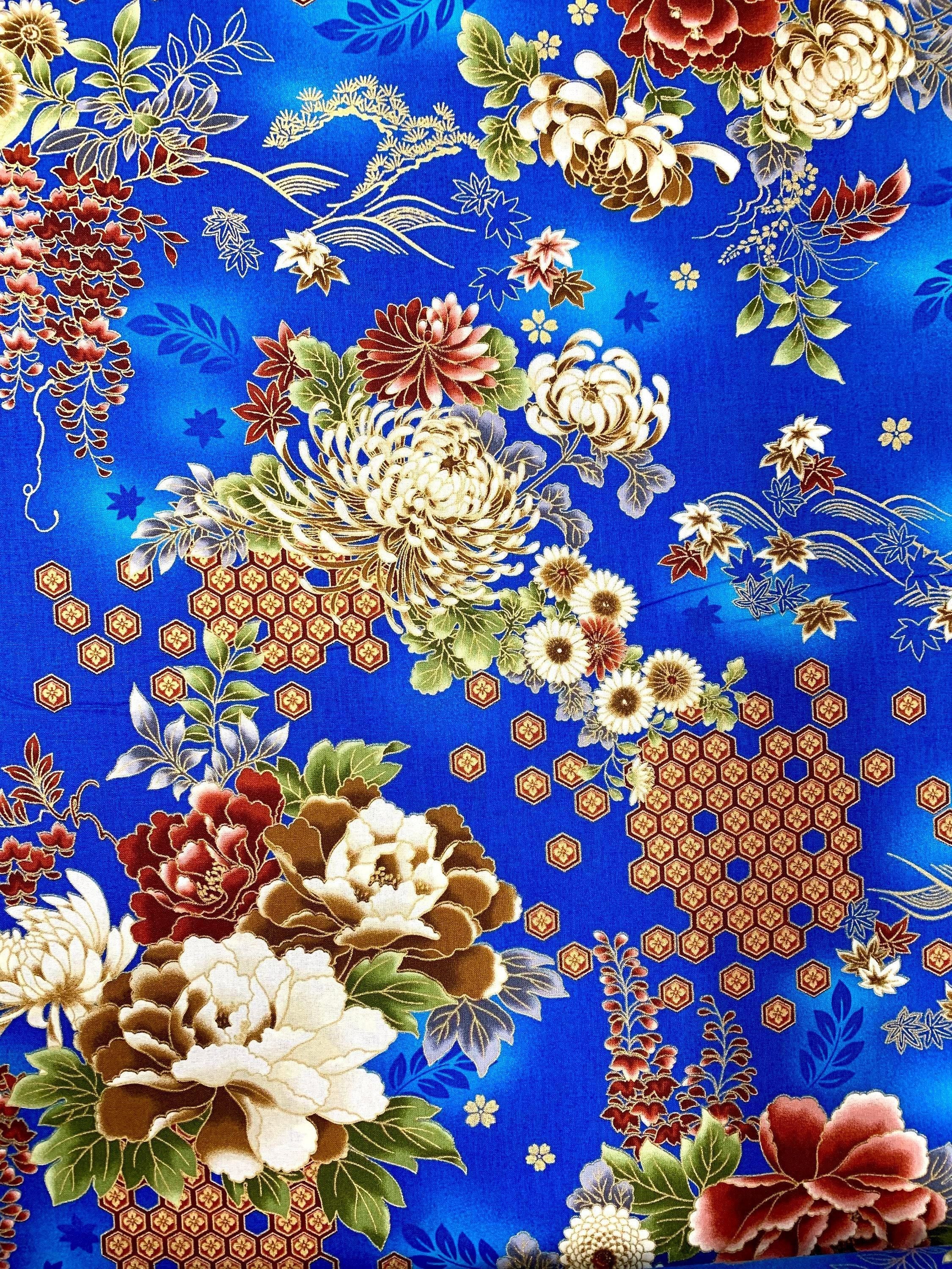 Orimono Imports - Honeycomb Florals Cotton Fabric - Blue Gold