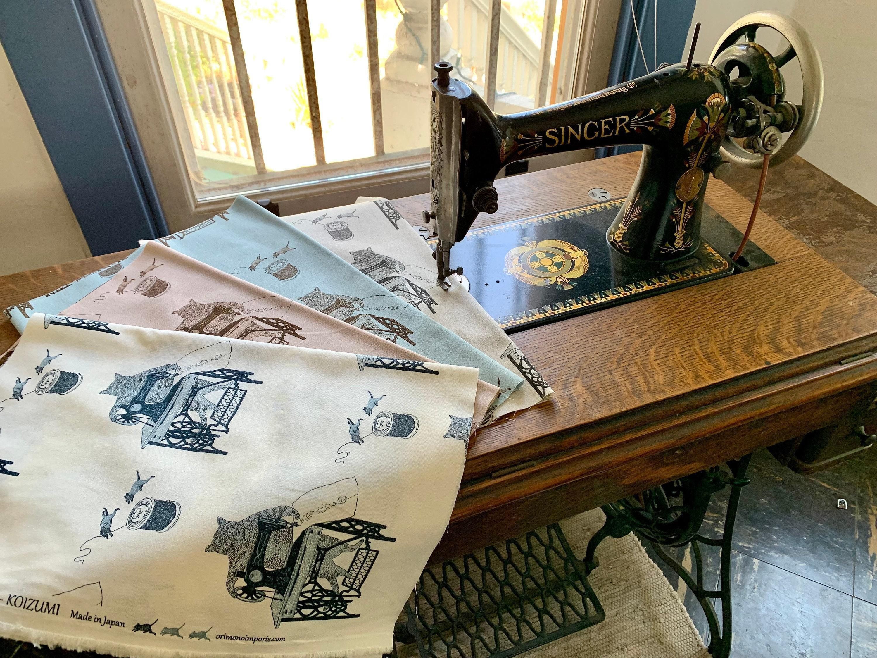 Koizumi - Purr-Fect Stitches Cats with Sewing Machines Cotton/Linen Canvas - Beige Black