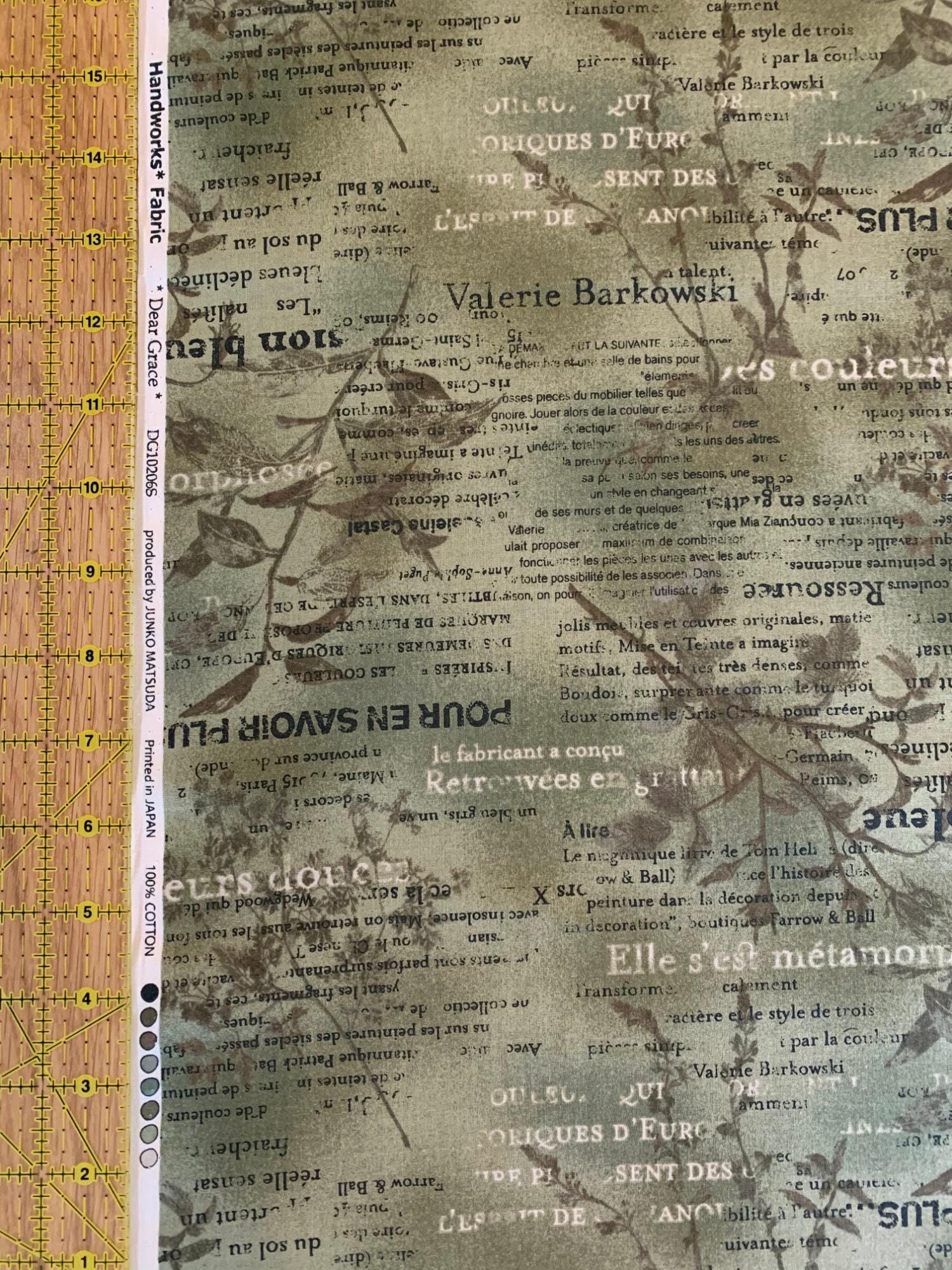 Vancet - Dear Grace Floral Text Cotton Fabric - Green Brown