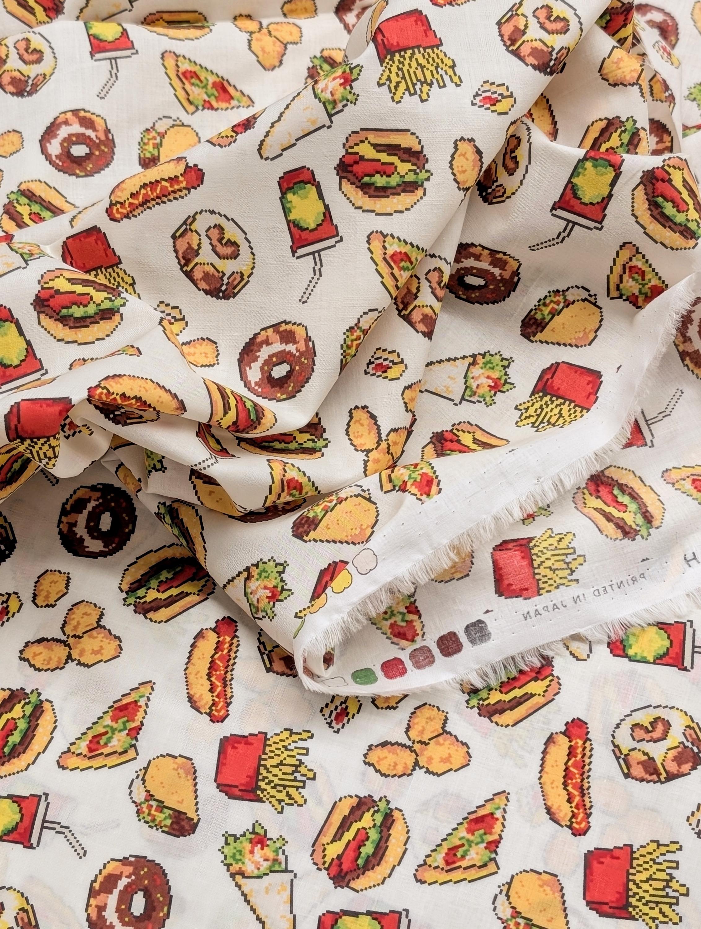 NEW Hokkoh - 8-Bit Fast Food Japanese Cotton Lawn Fabric - White 1026-626-1-A
