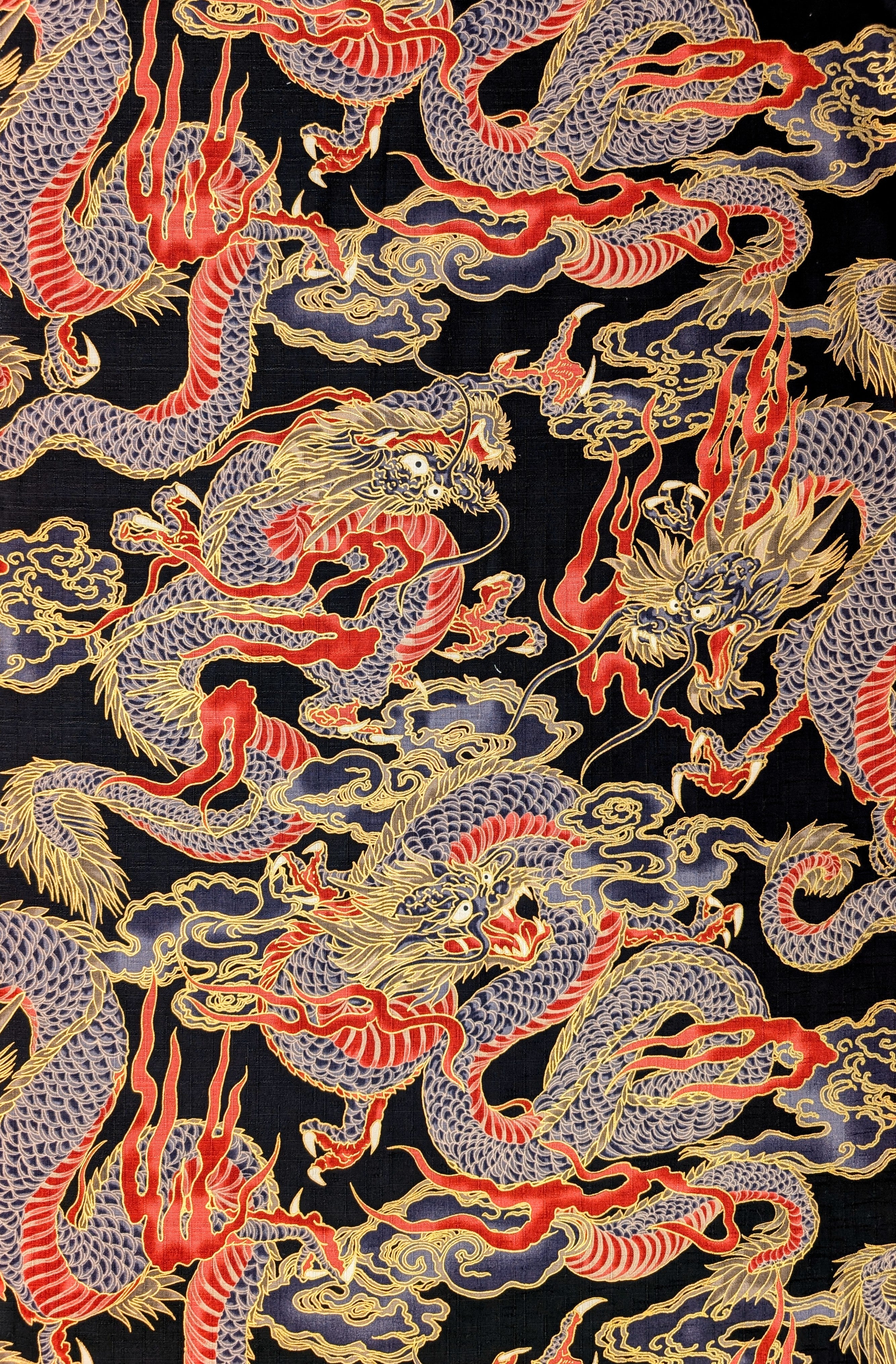 Hokkoh - Golden Dragons Cotton Dobby Fabric - Black REMNANT