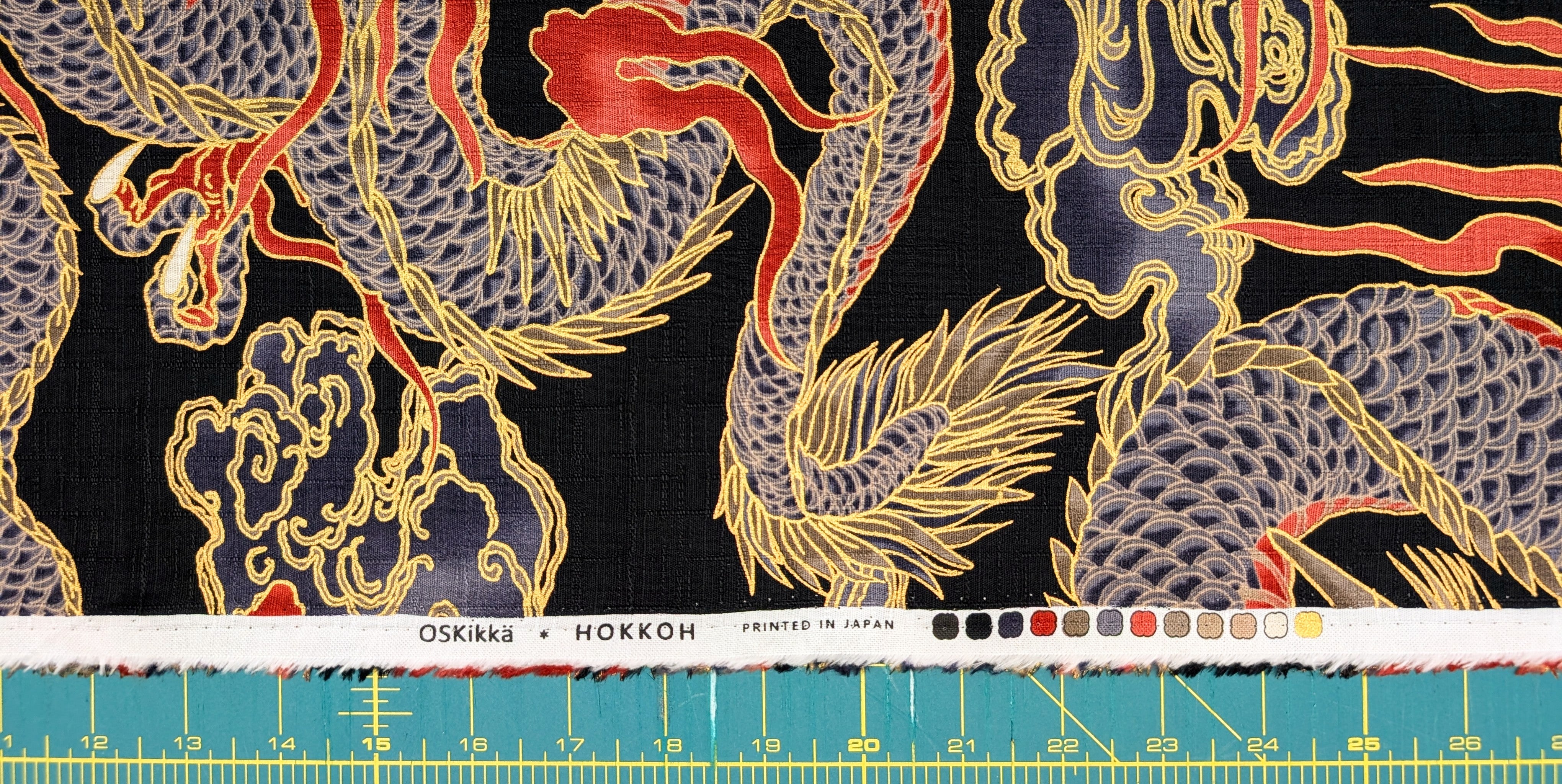Hokkoh - Golden Dragons Cotton Dobby Fabric - Black REMNANT